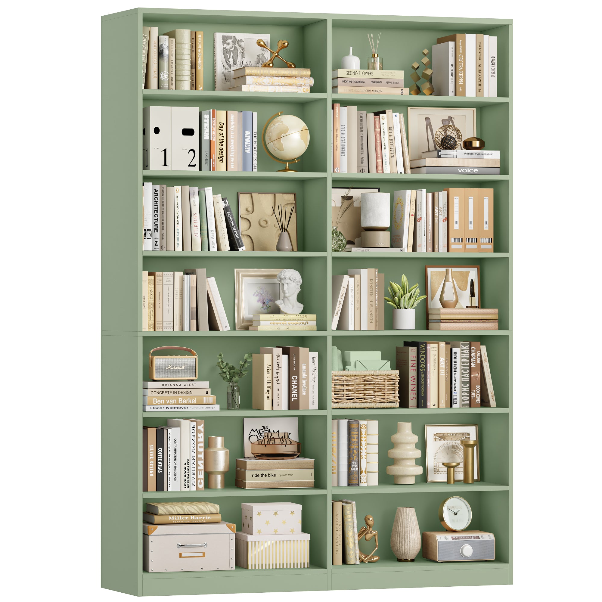 Hiphuta 84"H Wooden Double 7-Tier Tall Bookcase, Standard Bookcase for Living Room and Office, Freestanding Display Storage Shelves, Green