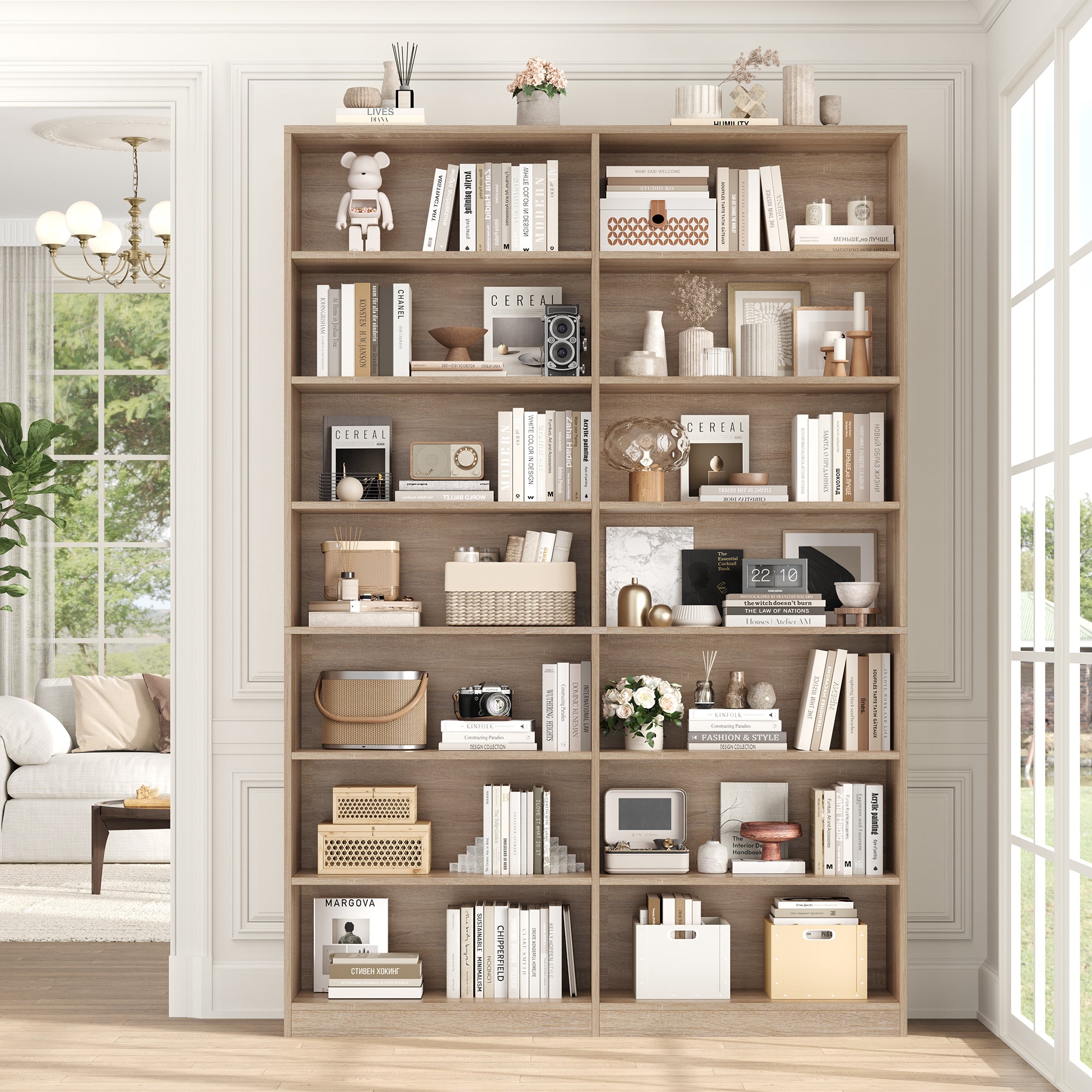 Hiphuta 83.6"H x 47.2"W Wood Double 7-Tier Standard Bookcase, Tall Bookcase for Bedroom, Living Room and Office, Freestanding Display Storage Shelves, Light Oak