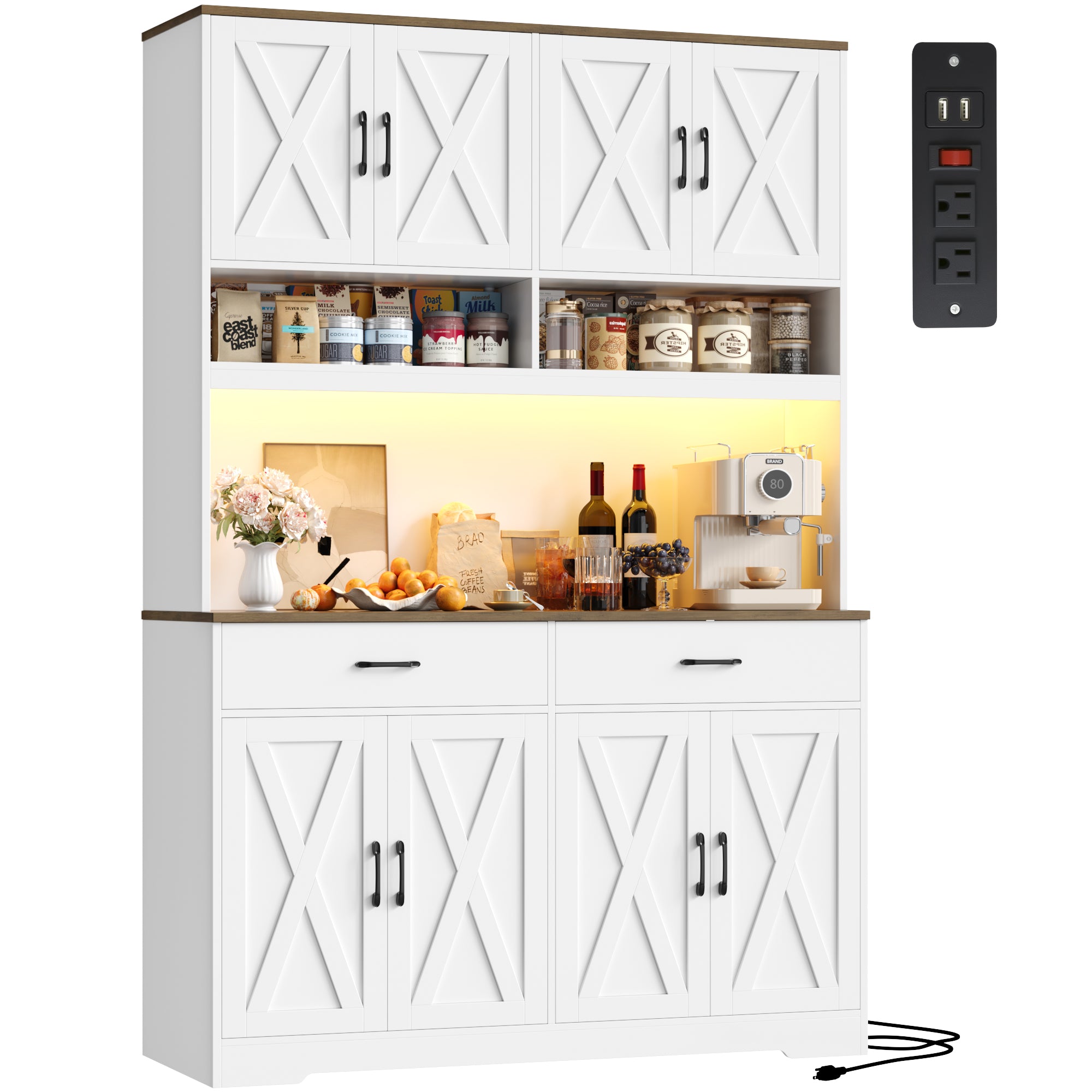 Hiphuta Farmhouse Kitchen Pantry Storage Cabinet, 71”H Freestanding Hutch with 8 Doors and 3 Drawers for Dining and Living Room, White