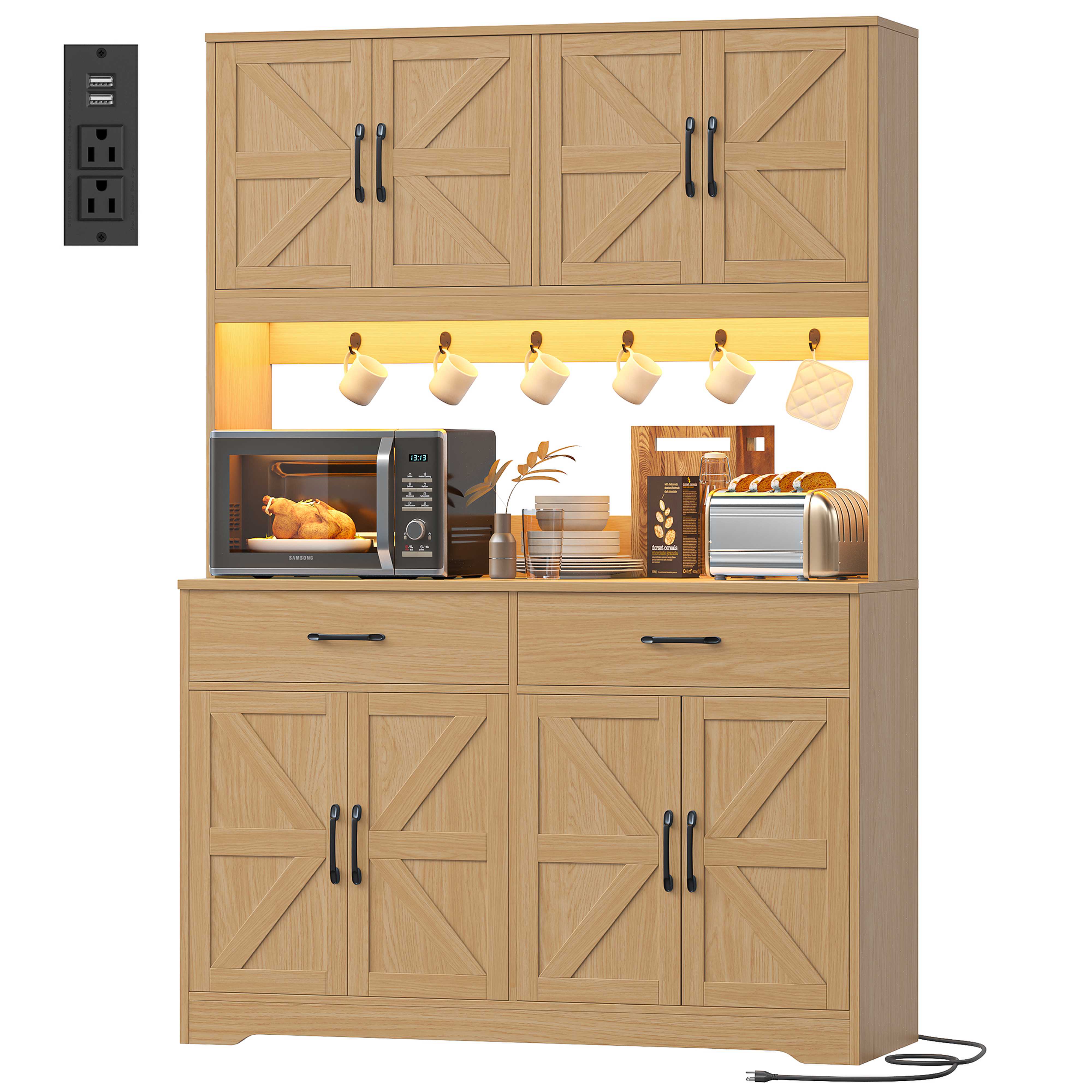 Hiphuta 71" Tall Kitchen Pantry Storage Cabinet with RGB LED and 6 Metal Hooks, Farmhouse Coffee Bar Cabinet with Charging Station, Buffet with Hutch and Microwave Stand, Light Oak