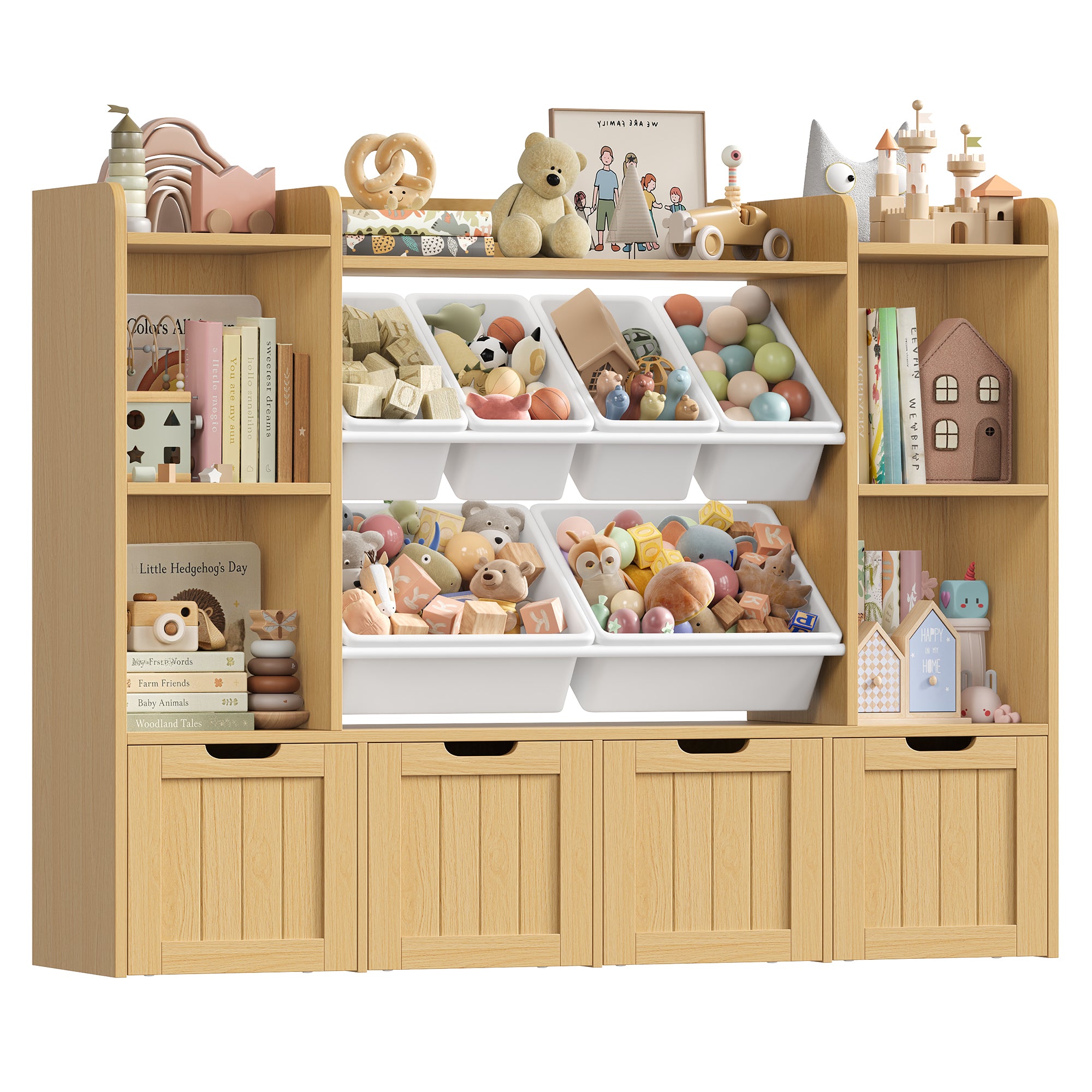 Hiphuta 3-tier 55"in Large Kids Bookcase with Toy Storage Organizer, Wood Toy Organizer of 6 Boxes & 4 Removable Drawers, Natural