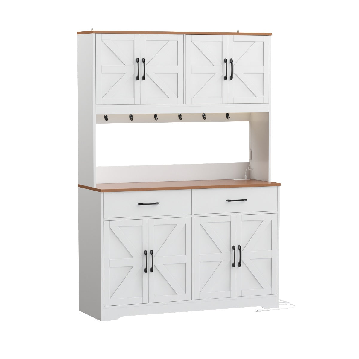 Hiphuta Kitchen Pantry Cabinet with RGB LED, Pantry Storage Cabinet with Metal Hooks and Charging Station, White