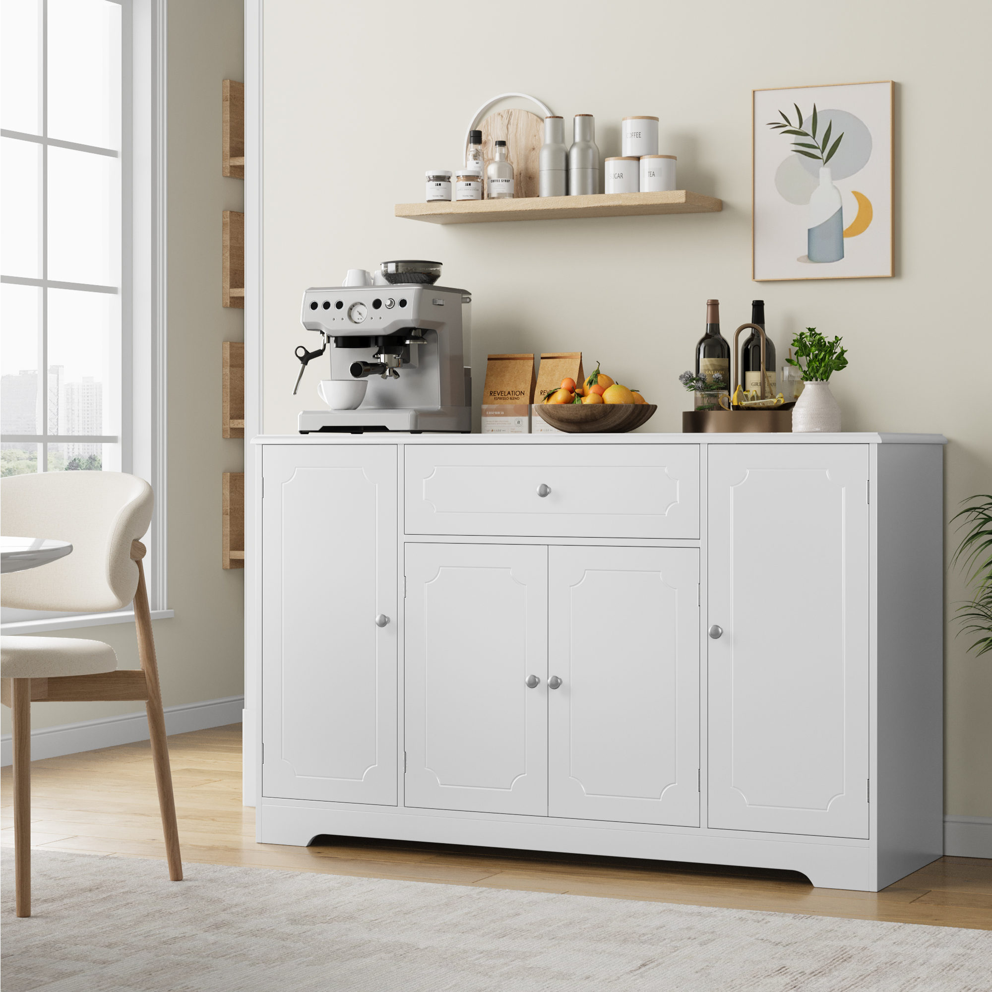 Hiphuta 47.2"W Kicthen Sideboard Buffet with 1 Drawer & 4 Doors, Storage Cabinet with Adjustable Shelves, White