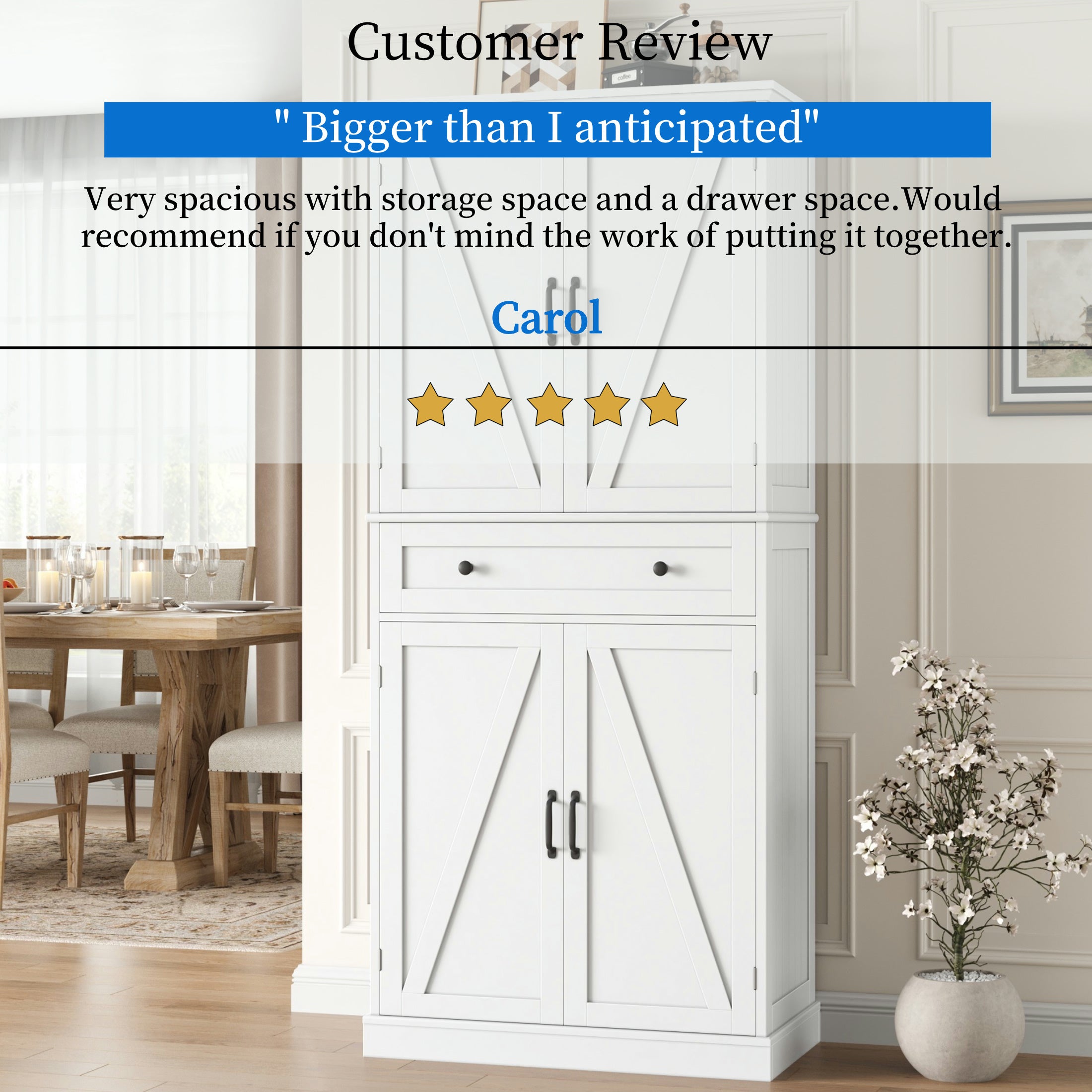 Hiphuta 71"Tall Farmhouse Kitchen Pantry Storage Cabinet with Barn Doors & Drawer, Freestanding Wood Cupboard, White