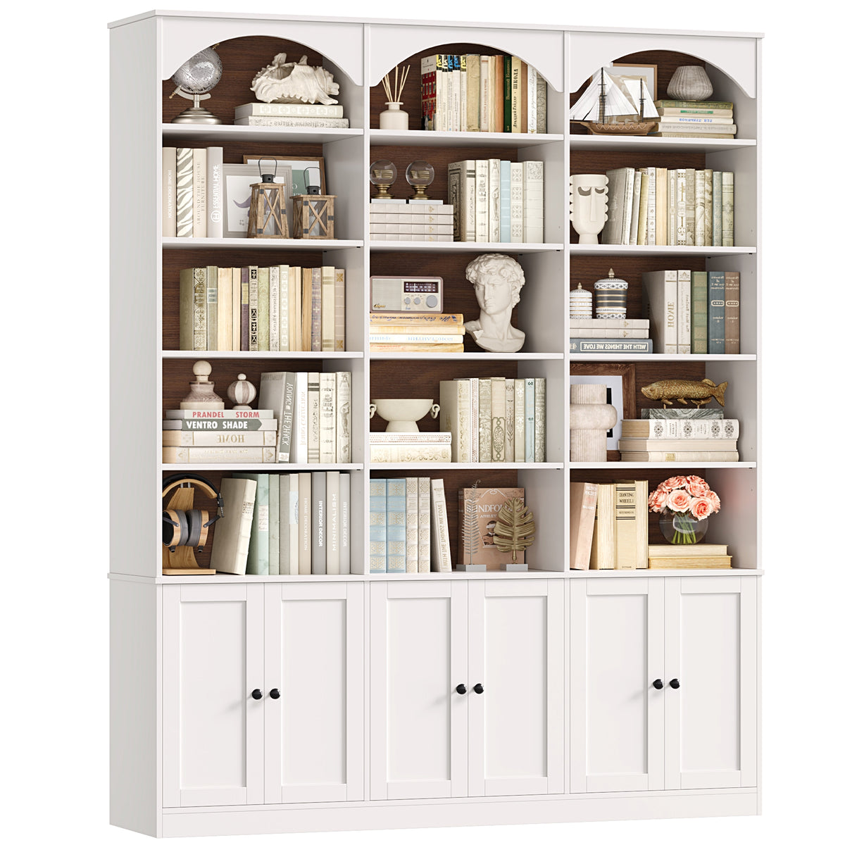 Hiphuta 78" Tall Triple Wide Bookcase with 6 Adjustable Shelves, Large Arched Book Shelf with 15 Cubes and 6 Doors, for Home Office Living Room, White & Walnut