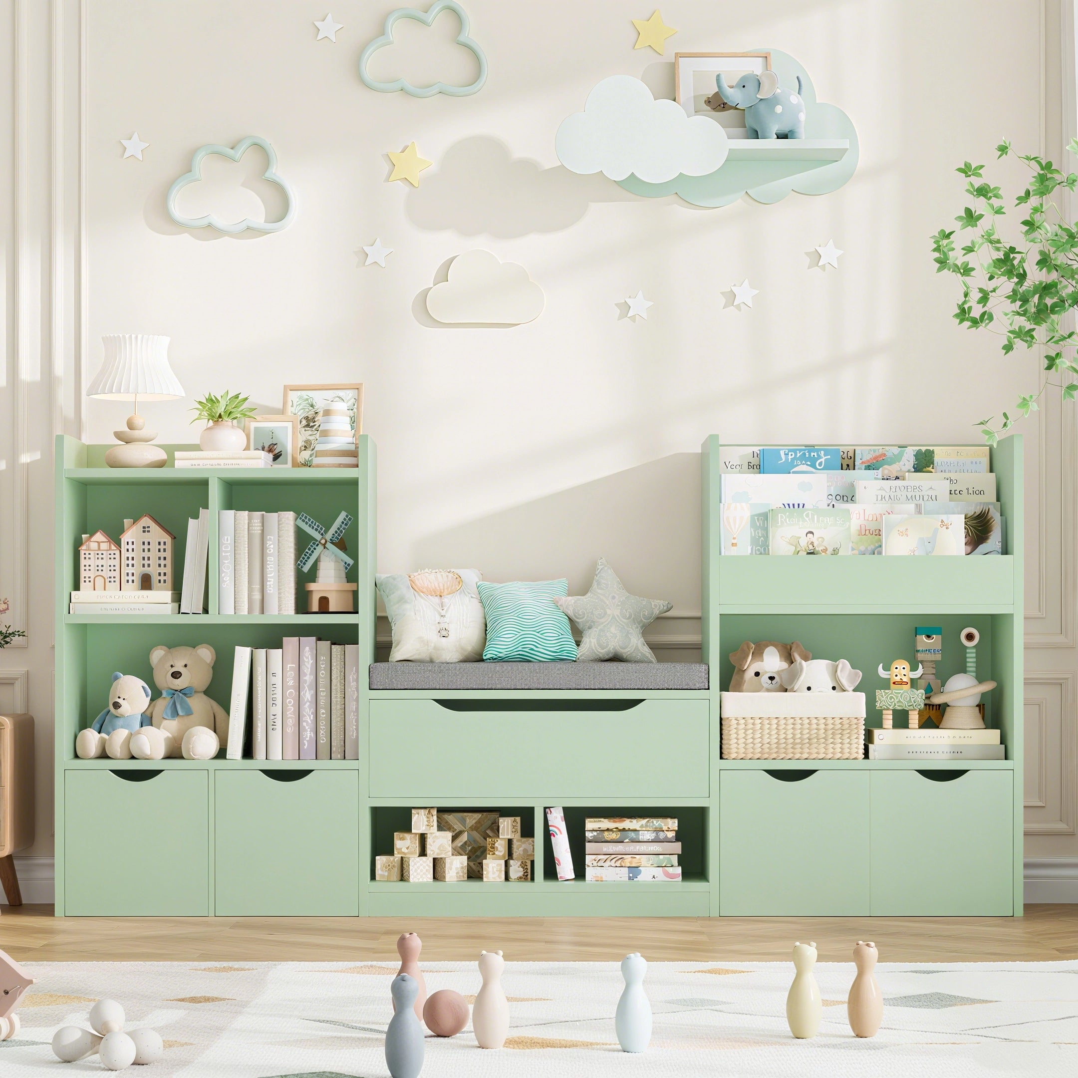Hiphuta 72"Wide Kids Bookcase with Reading Nook and Under Bench Storage, Wooden Toy Storage Organizer & Book Rack for Kids Room, Green
