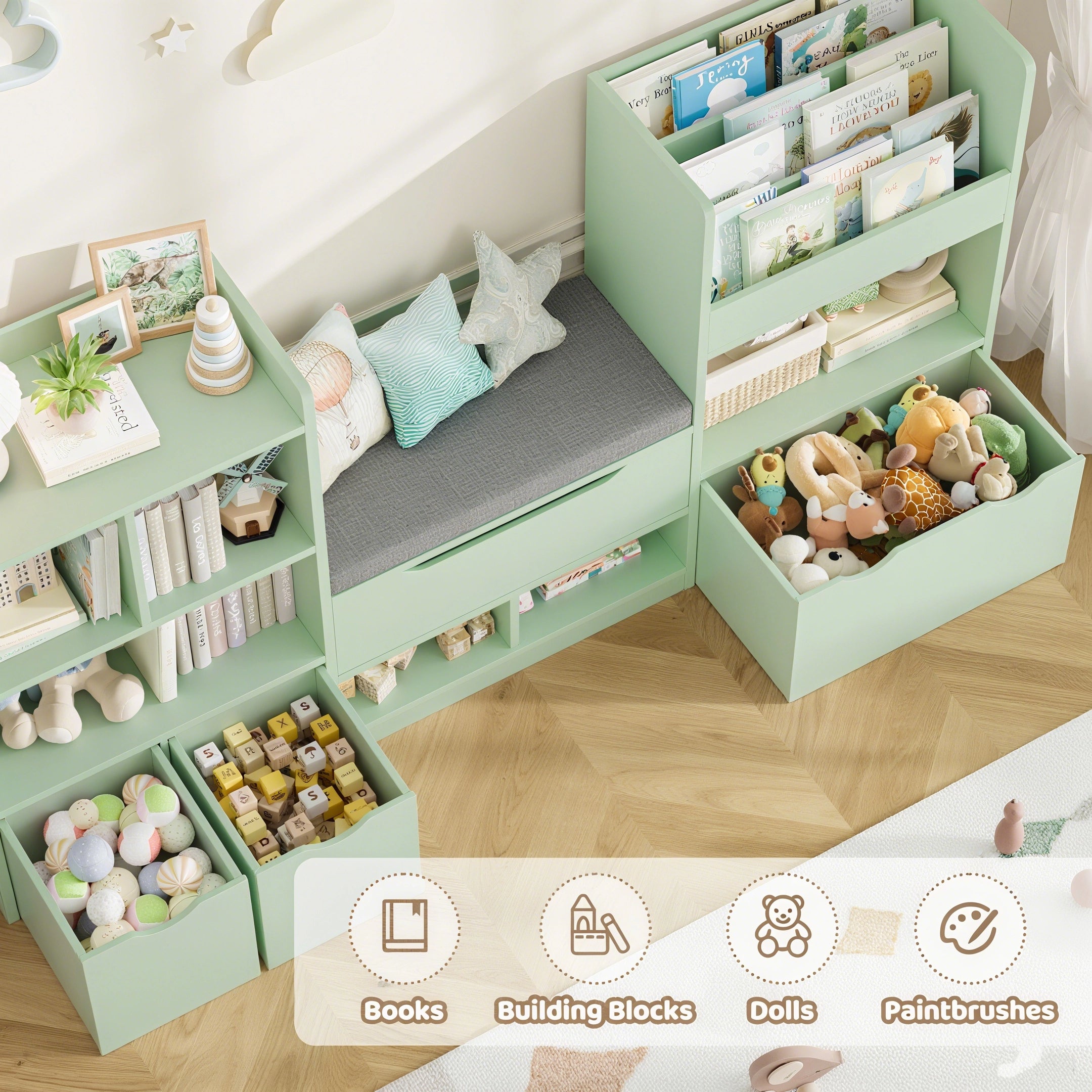 Hiphuta 72"Wide Kids Bookcase with Reading Nook and Under Bench Storage, Wooden Toy Storage Organizer & Book Rack for Kids Room, Green