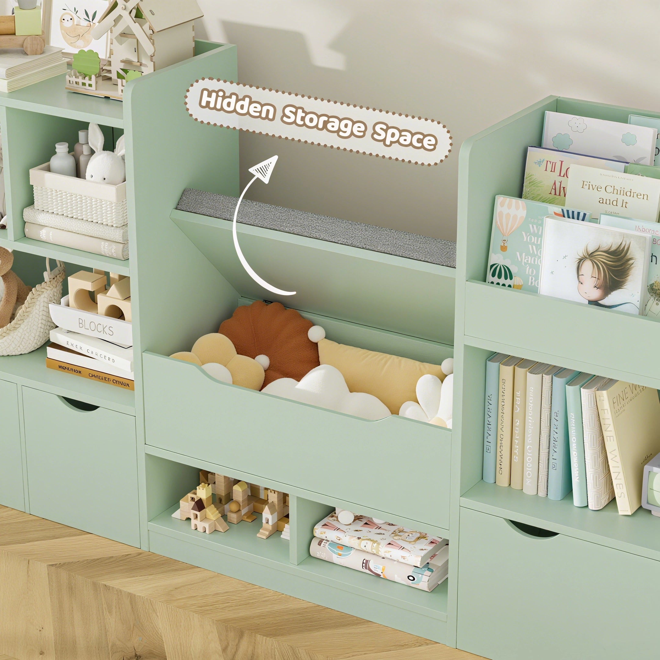 Hiphuta 72"Wide Kids Bookcase with Reading Nook and Under Bench Storage, Wooden Toy Storage Organizer & Book Rack for Kids Room, Green
