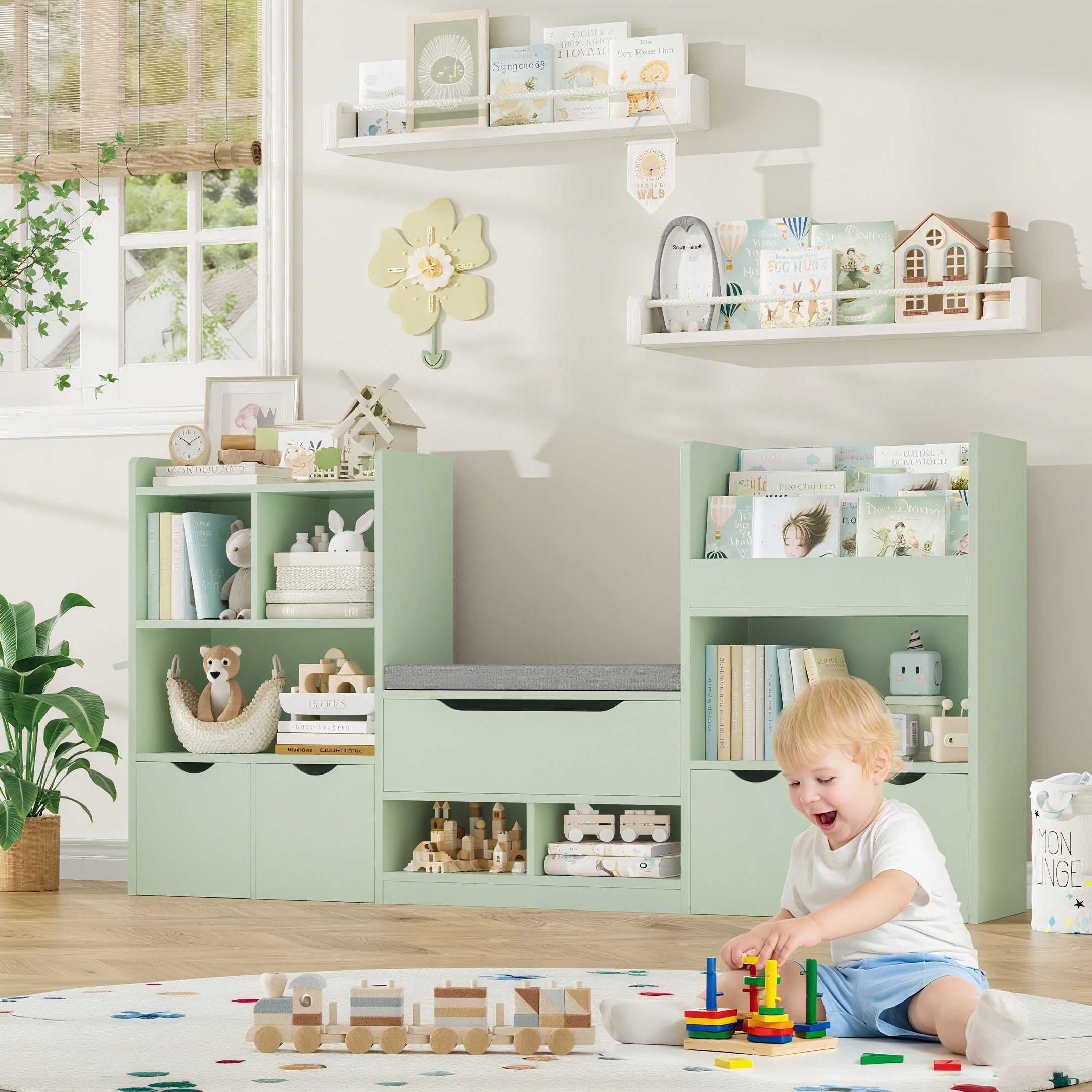 Hiphuta 72"Wide Kids Bookcase with Reading Nook and Under Bench Storage, Wooden Toy Storage Organizer & Book Rack for Kids Room, Green