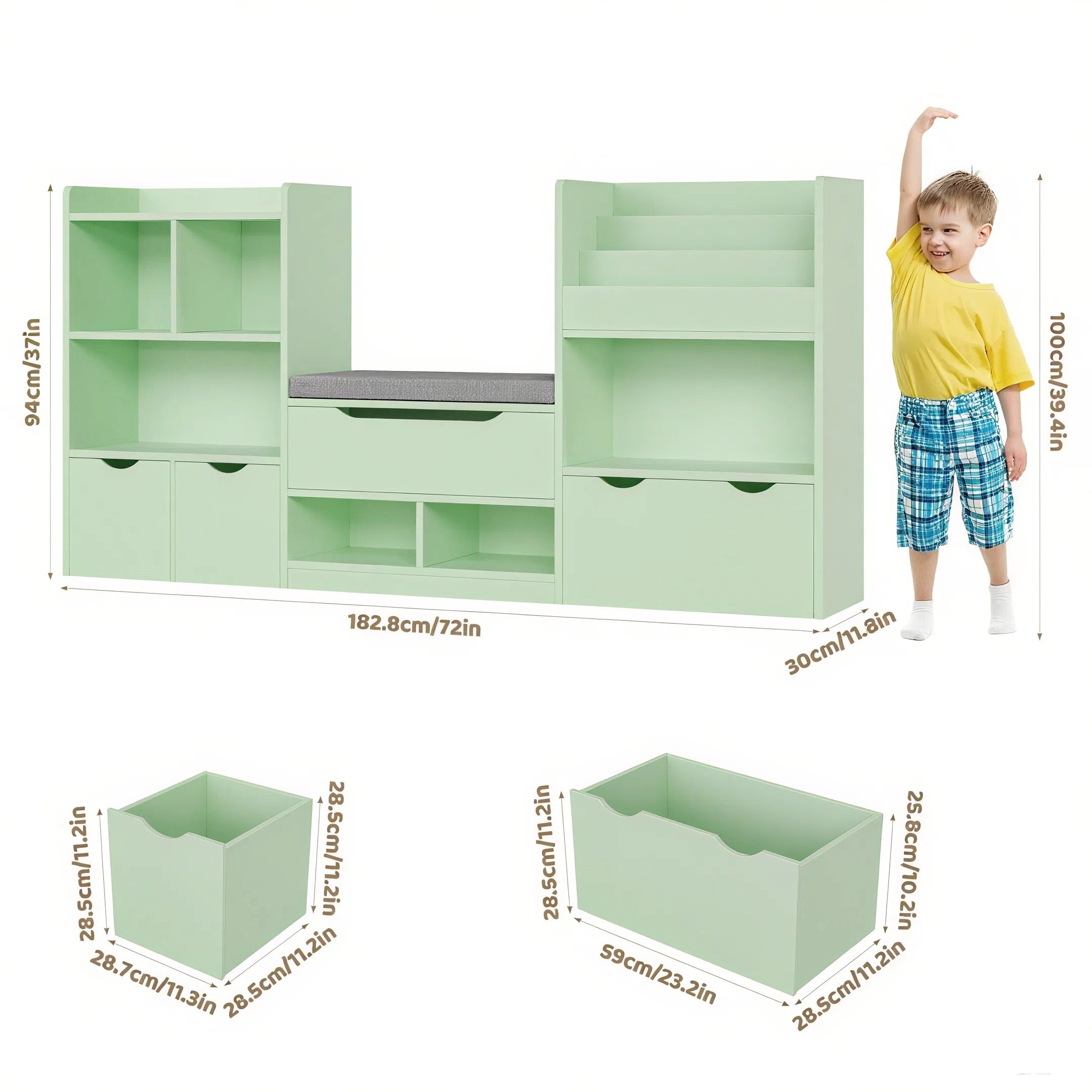 Hiphuta 72"Wide Kids Bookcase with Reading Nook and Under Bench Storage, Wooden Toy Storage Organizer & Book Rack for Kids Room, Green