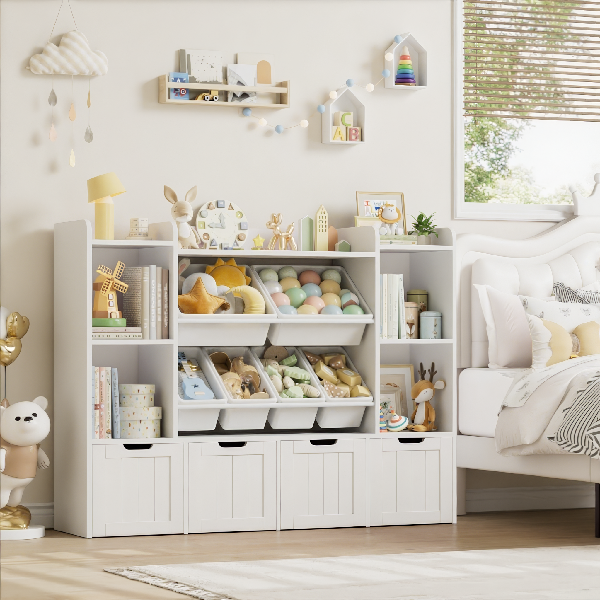 Hiphuta 3 Tier Kids Bookcase with Toy Storage Organizer, Wood Toy Organizer of 6 Boxes & 4 Removable Drawers, White