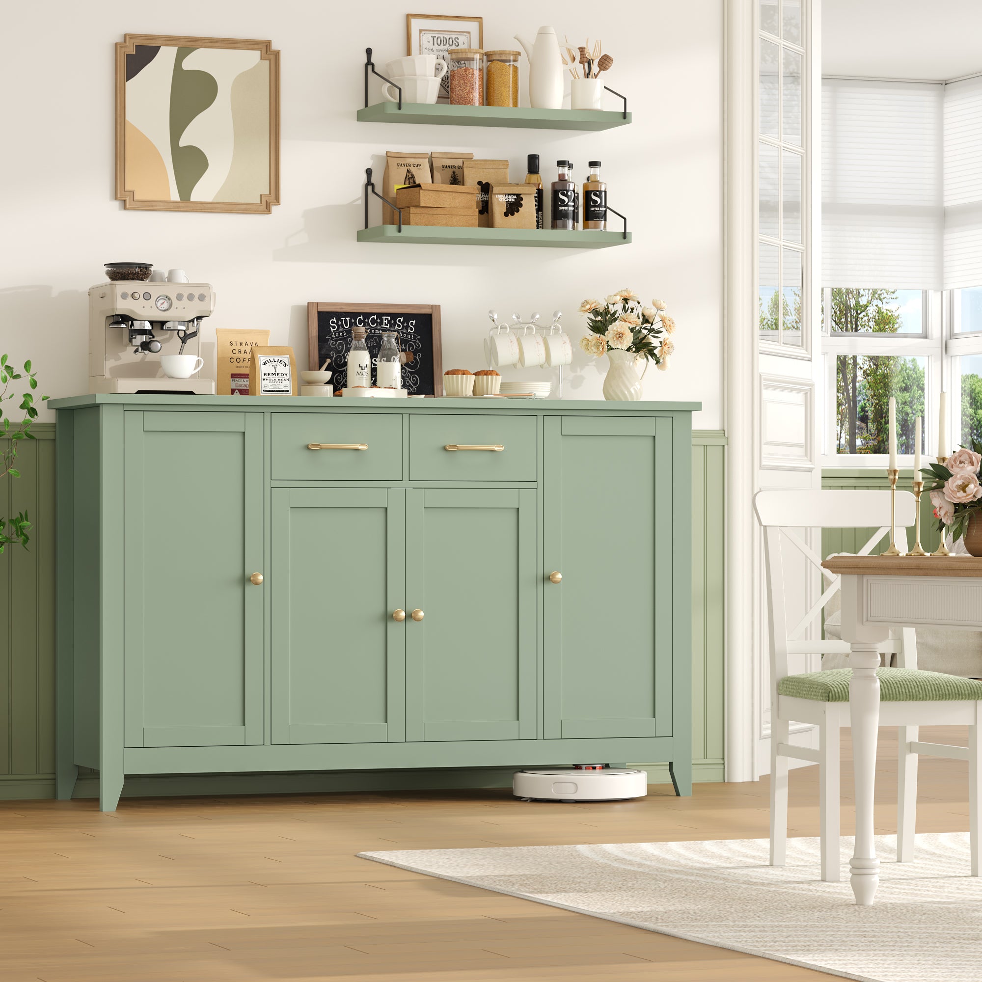 Hiphuta 55" Wide Buffet Cabinet with 2 Drawers & Adjustable Shelves, Modern Coffee Bar Cabinet with 2 Drawers and Sturdy Base for Living Room, Green