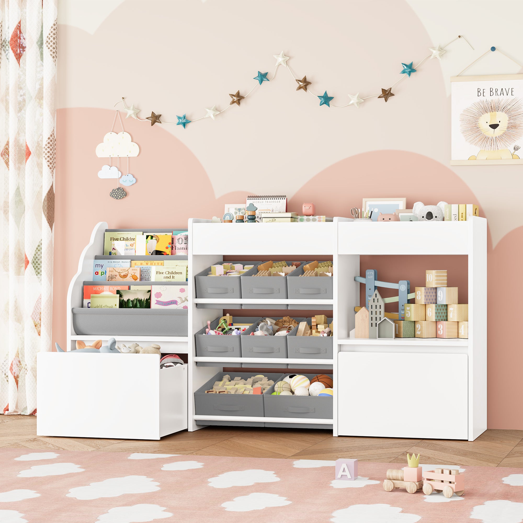 Hiphuta 62” Wide Kids Bookcase with Toy Storage Organizer, Wood Toy Organizer of 8 Fabric Boxes & 2 Removable Drawers, White