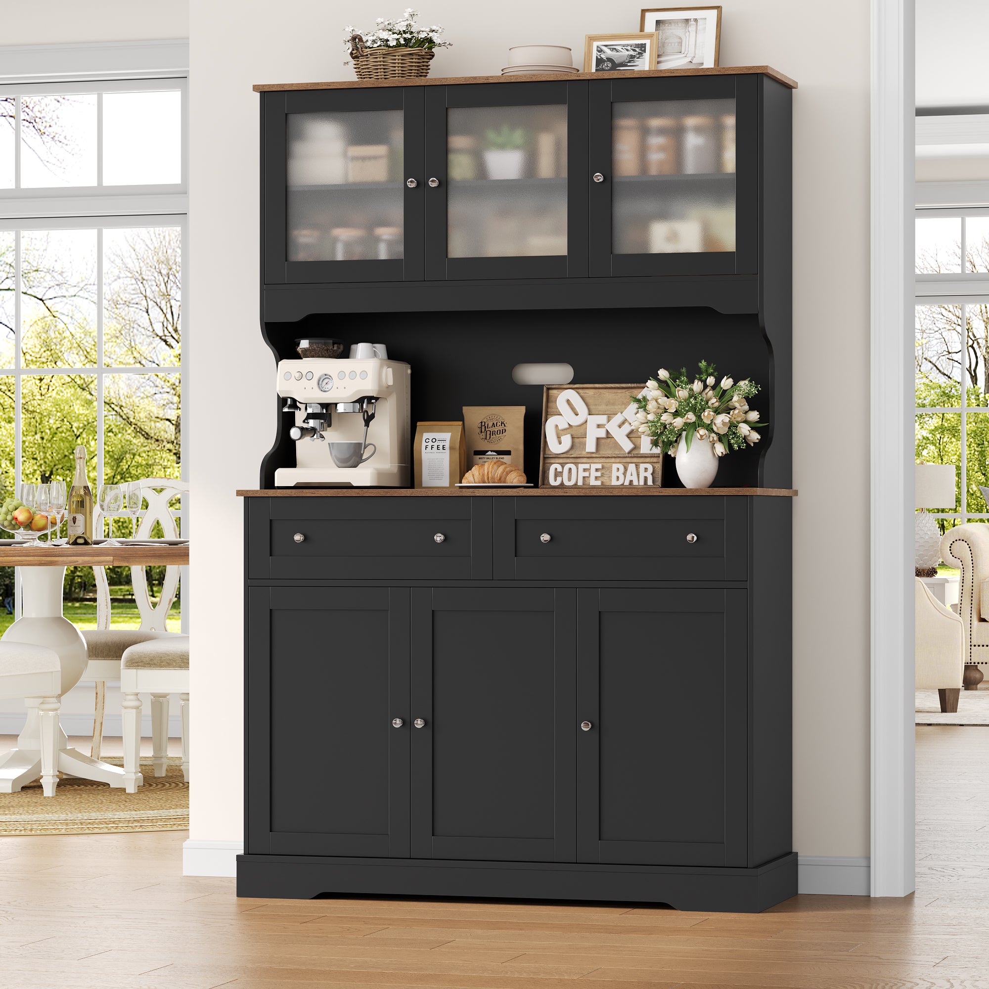 Hiphuta 72"Tall Kitchen Pantry Storage Cabinet with Power Outlet, Freestanding Cupboard Storage Buffet Hutch with Microwave Stand, Coffee Bar with Drawers & Glass Doors, Black & Oak