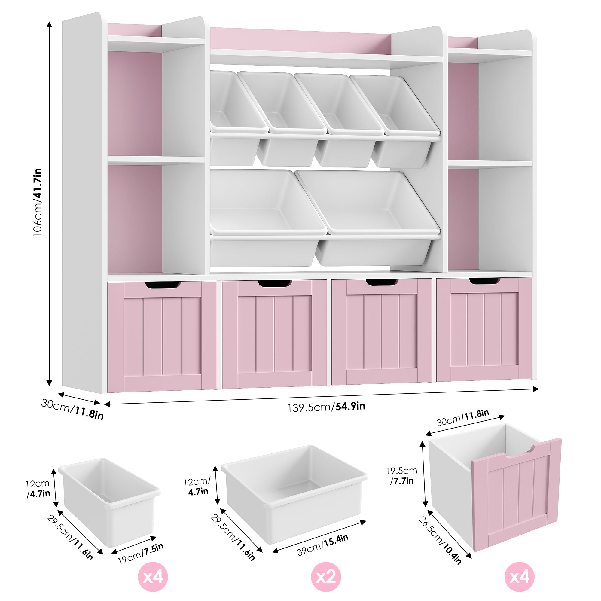 Hiphuta 3 Tier Kids Bookcase with Toy Storage Organizer, Wood Toy Organizer of 6 Boxes & 4 Removable Drawers, Pink
