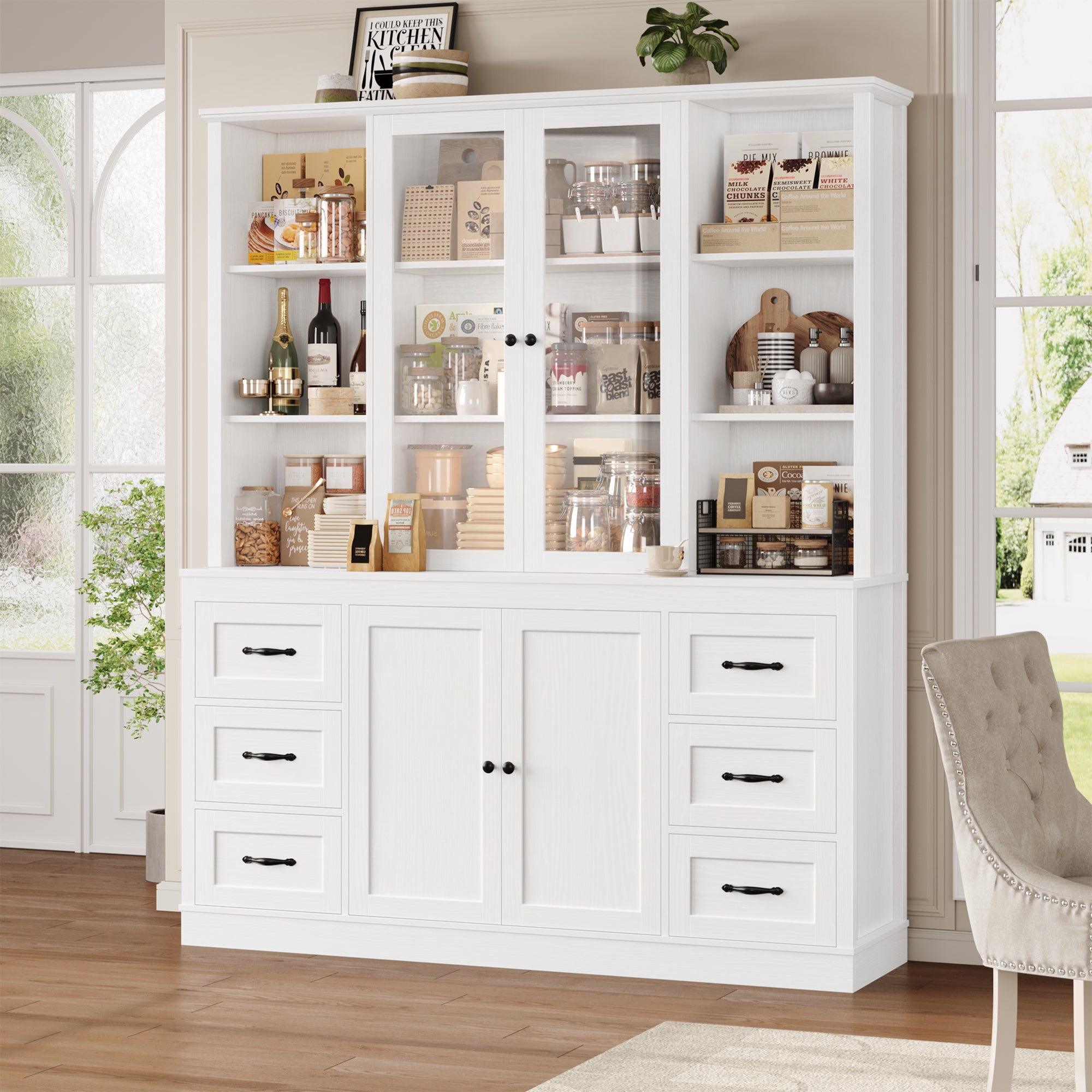 Hiphuta 74 in Tall Bookcase with 6 Drawers, Large Bookcase with Glass Door and Adjustable Shelves, Farmhouse Bookcase for Office Living Room, White