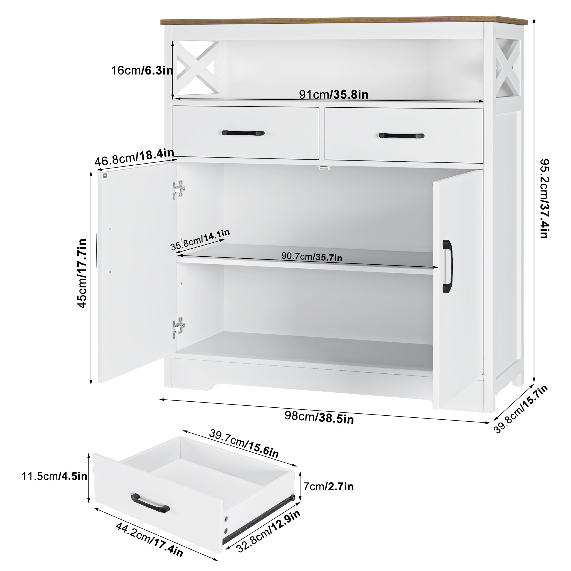 Hiphuta Modern Farmhouse Buffet Sideboard, Wood Cabinet with Shelves, Doors & 2 Drawers, Coffee Bar, Floor Cabinet Cupboard for Living Room, White