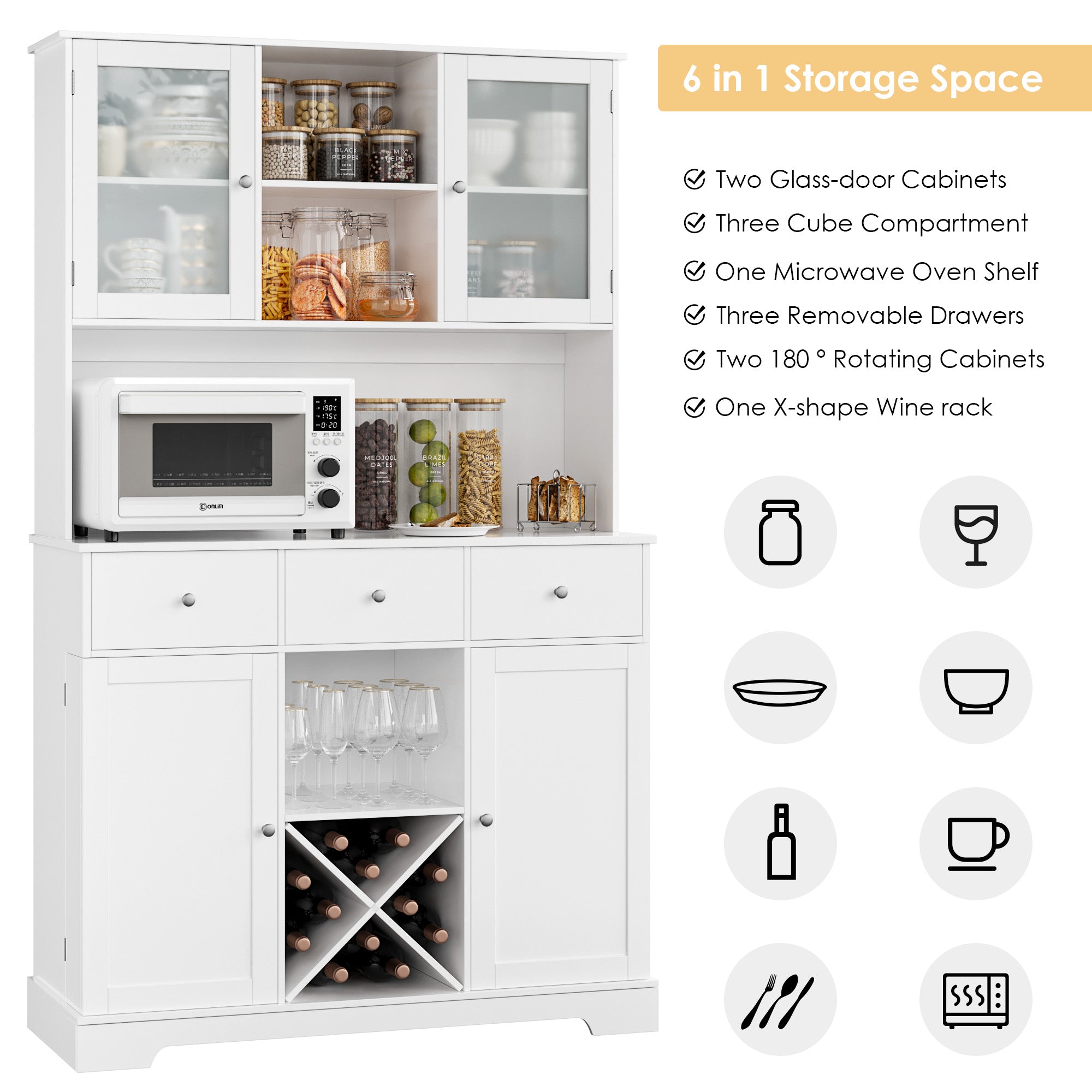 Hiphuta 68''H Kitchen Pantry Cabinet with Glass Doors & Removable Wine Rack for Dining Room Living Room, White