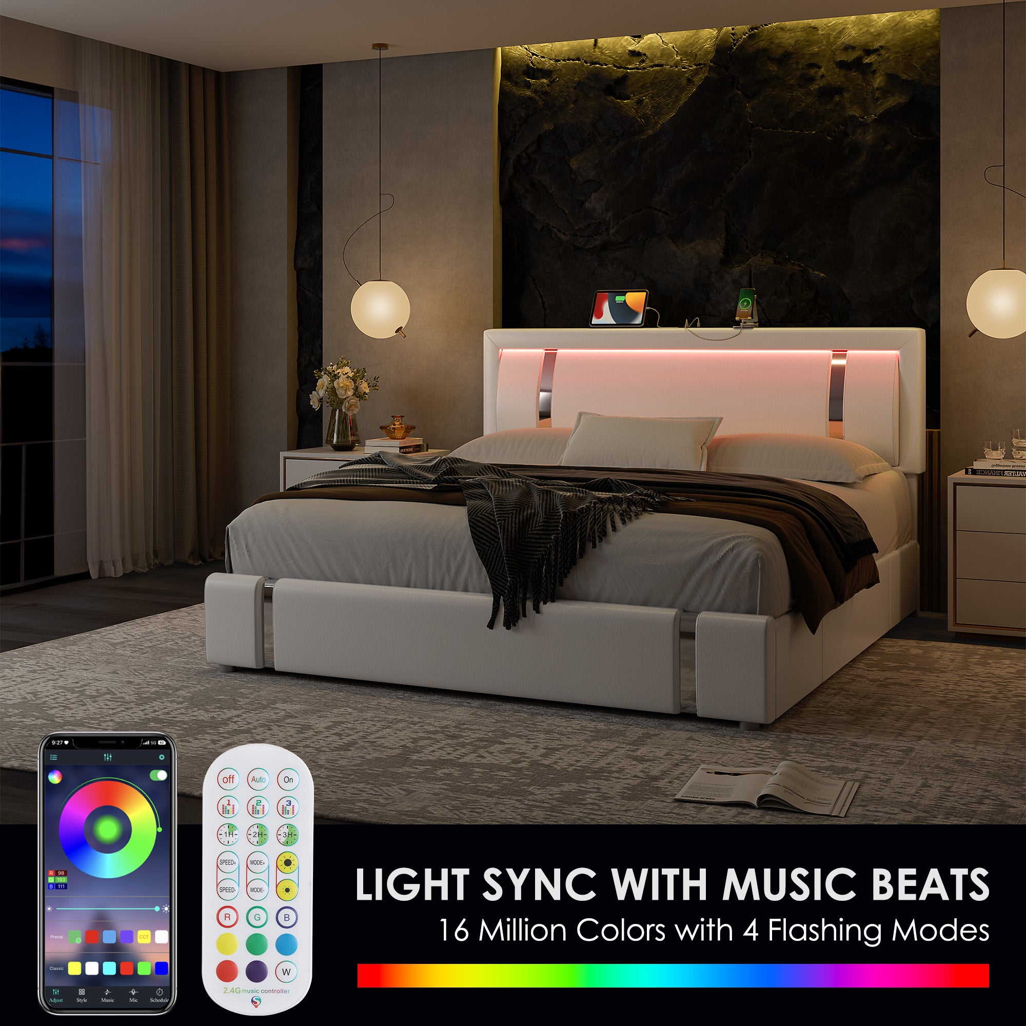 Hiphuta Full Bed Frame with Adjustable Headboard & LED lights, Modern Upholstered Faux Leather Smart Platform with USB Charging Ports & 2 Drawers, White