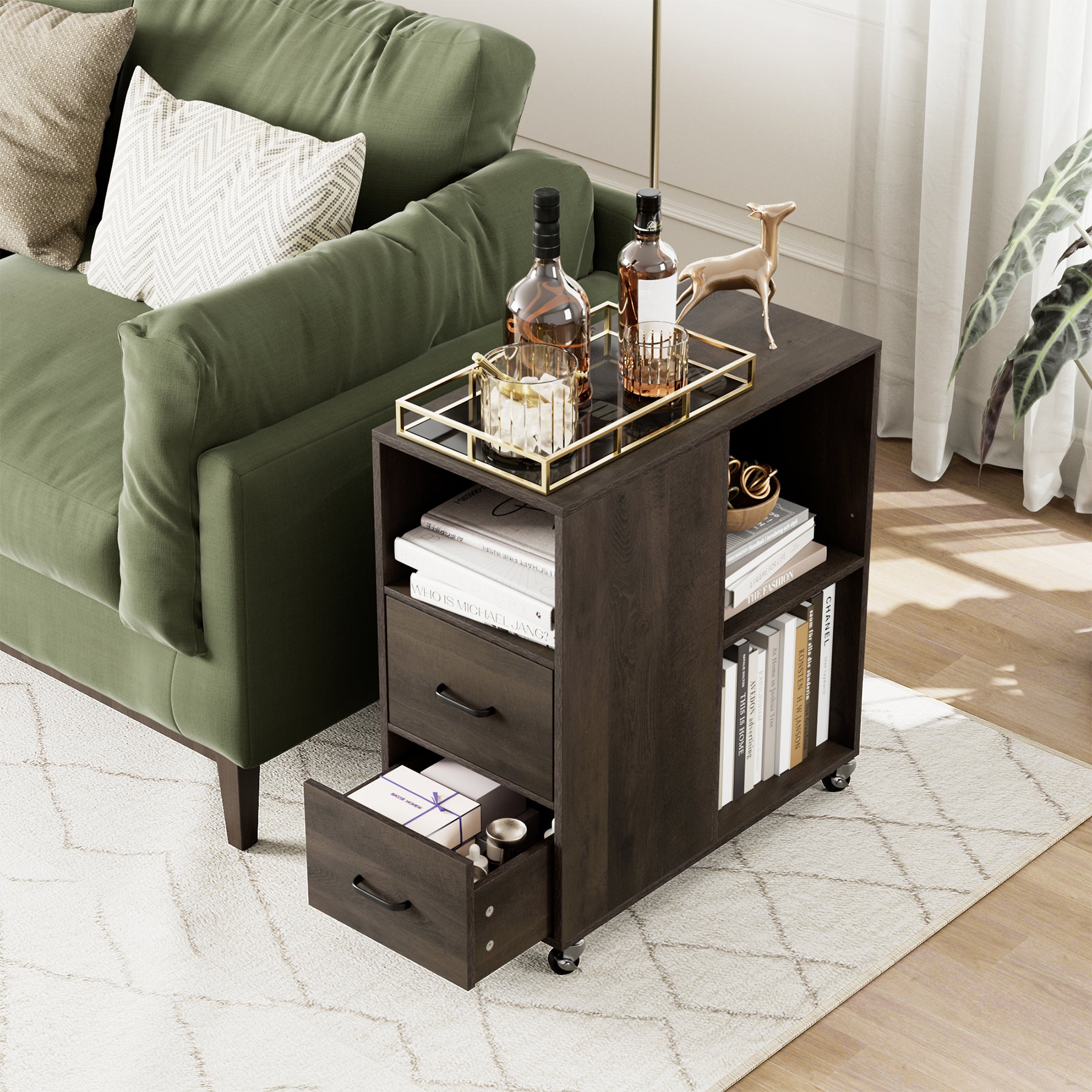 Hiphuta Movable End Side Table with 2 Drawers & Adjustable Shelf, Narrow Bedside Table, Dark Brown