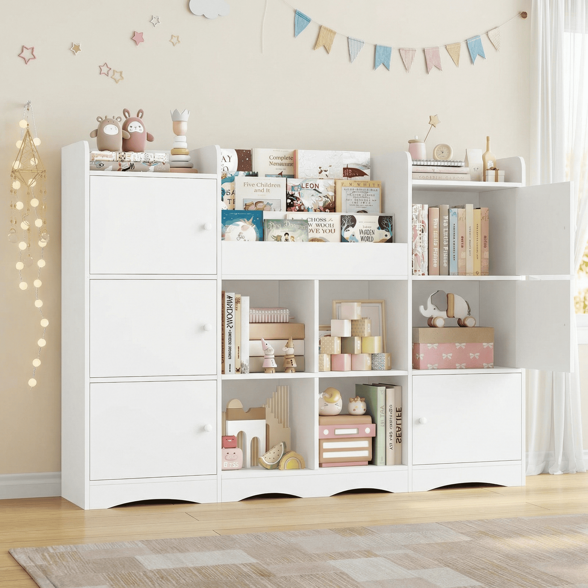 Hiphuta 55"In Kids Bookcase with Toy Storage Organizer, Wood Bookcase Toy Chest of 10 Compartments, Bookshelf for Kids Bedroom Classroom, White