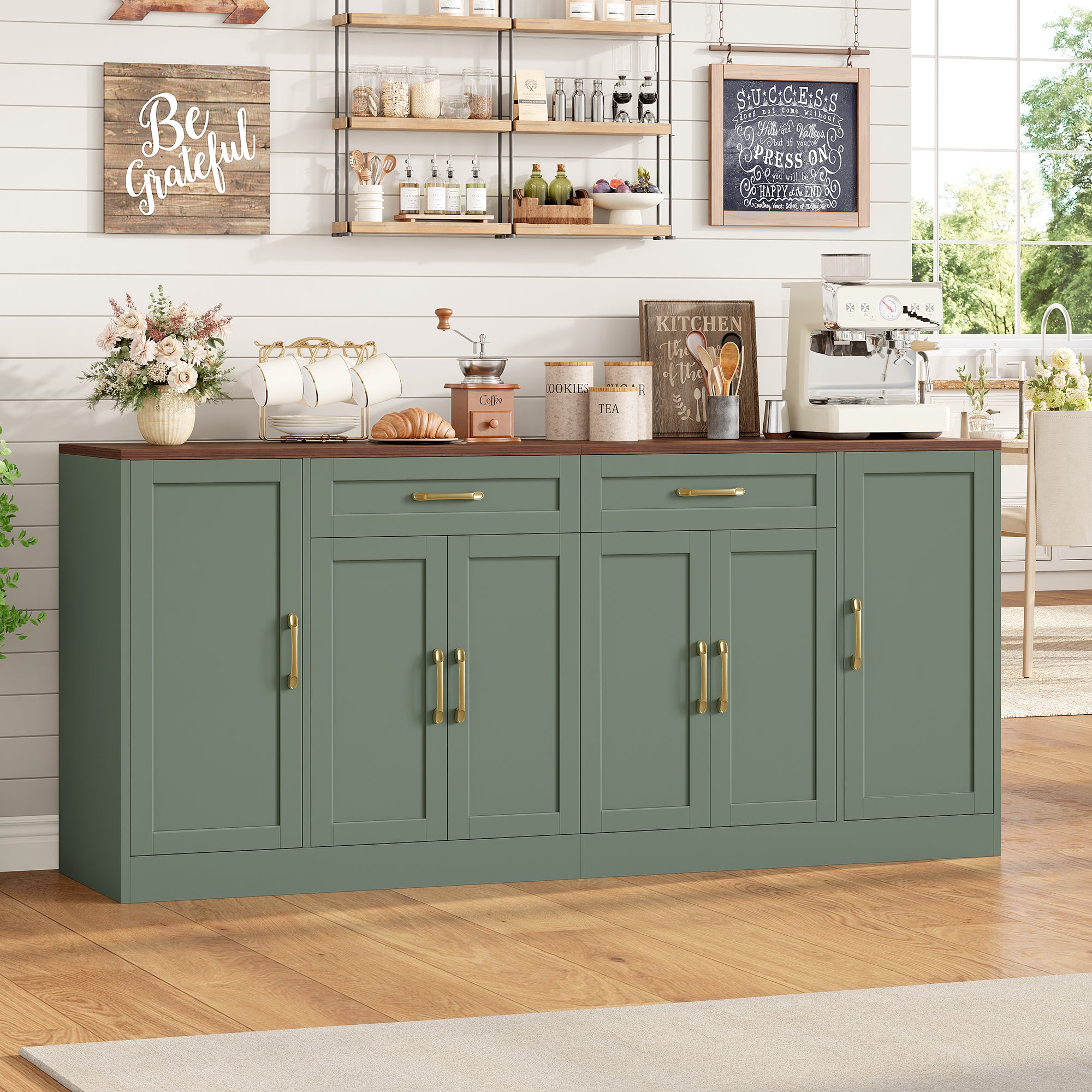 Hiphuta 70.8"W Large Buffet Cabinet with 6 Doors, Modern Farmhouse Sideboard with 2 Drawers, Coffee Bar for Kitchen Dining Room Living Room, Green
