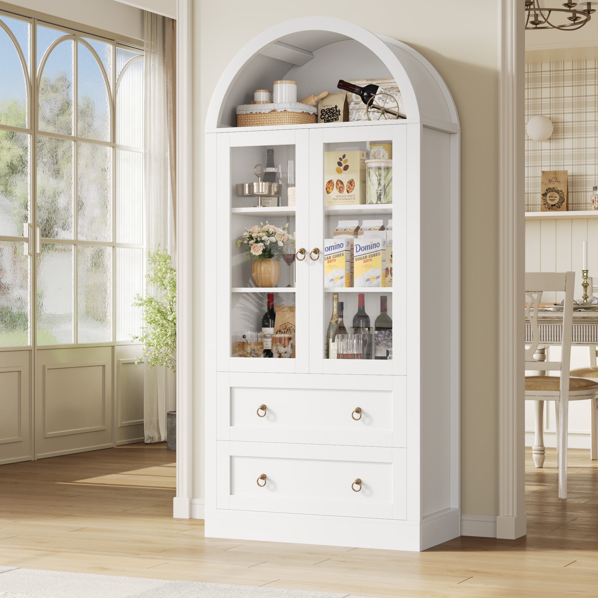 Hiphuta 70" Tall Arched Kitchen Pantry Storage Cabinet with 2 Large Drawers, Freestanding Modern Farmhouse Versatile Hutch Cupboard for Dining Room, White