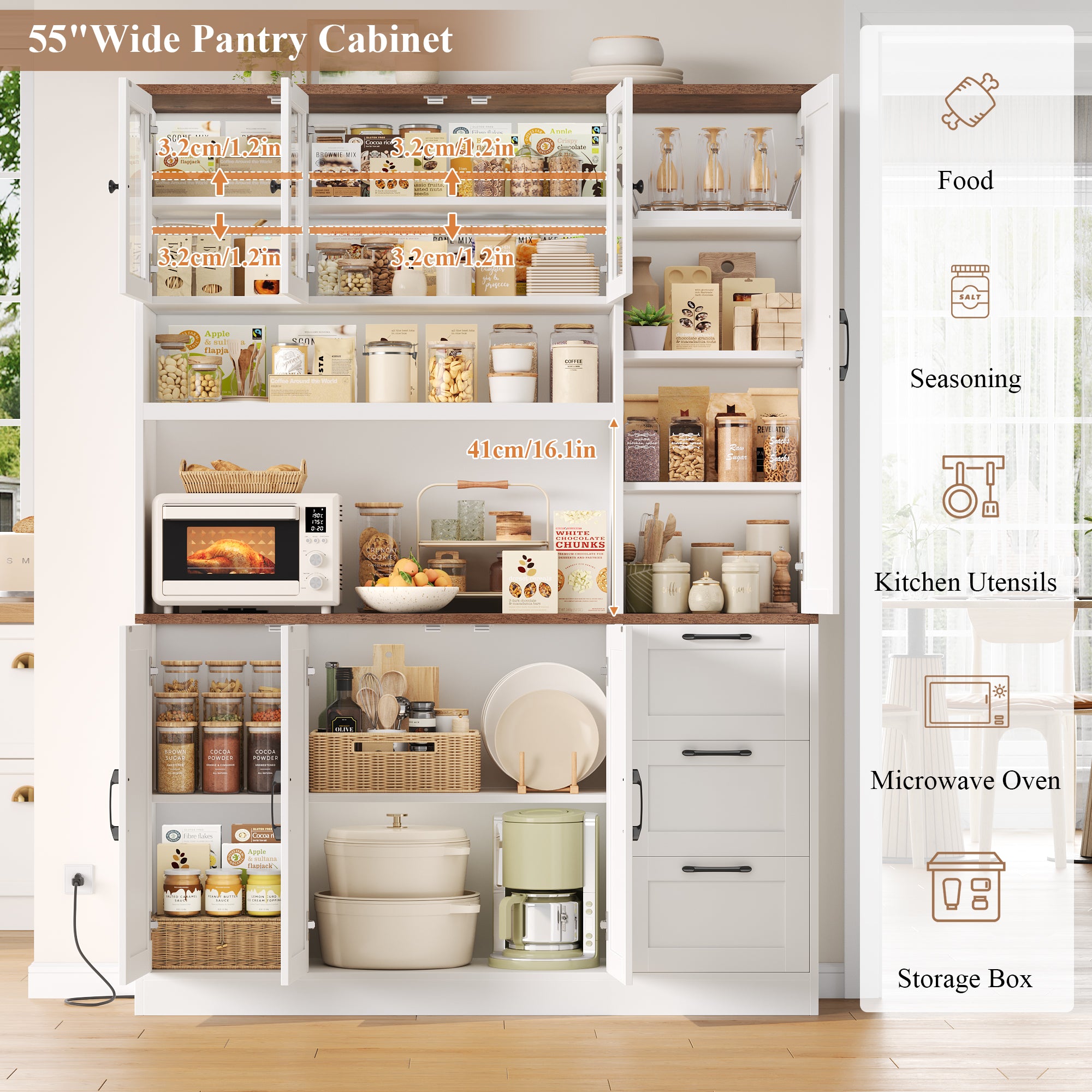Hiphuta 75" Tall Kitchen Pantry Storage Cabinet, Freestanding Kitchen Hutch with 7 Doors and 3 Drawers for Dining and Living Room, White