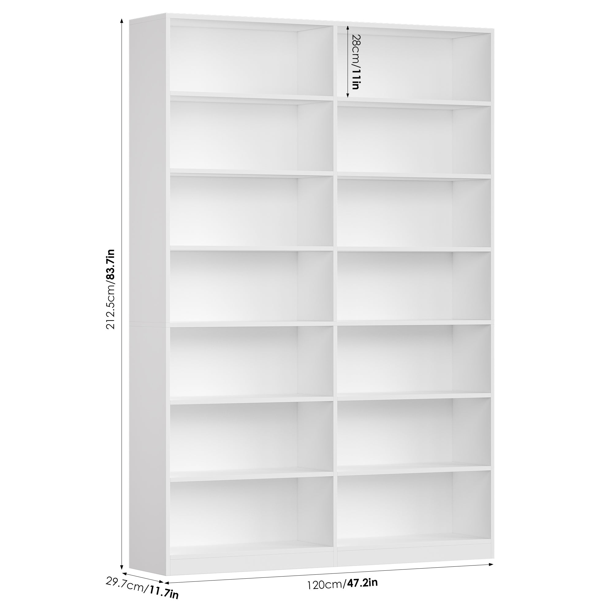 Hiphuta 84"H Wooden Double 7-Tier Tall Bookcase, Standard Bookcase for Living Room and Office, Freestanding Display Storage Shelves, White