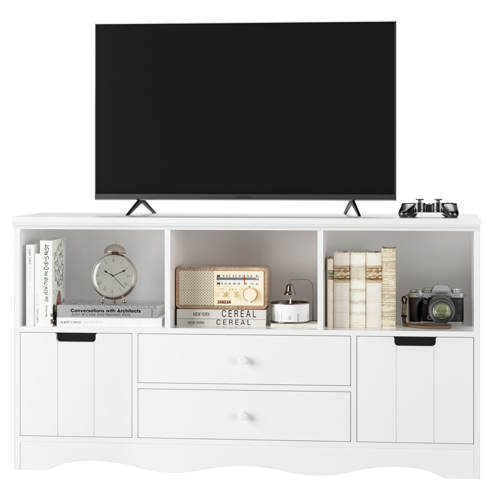 Hiphuta Wood Family TV Stand with 4 Drawers & 3 Cubes Storage for Living Room, White