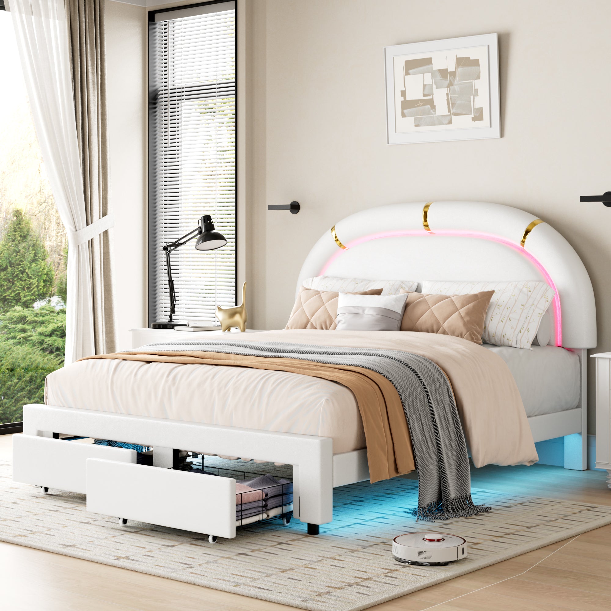 Hiphuta Full Kids Bed Frame with 2 Storage Drawers, LED Bed with Adjustable Headboard, Modern PU Upholstered, White