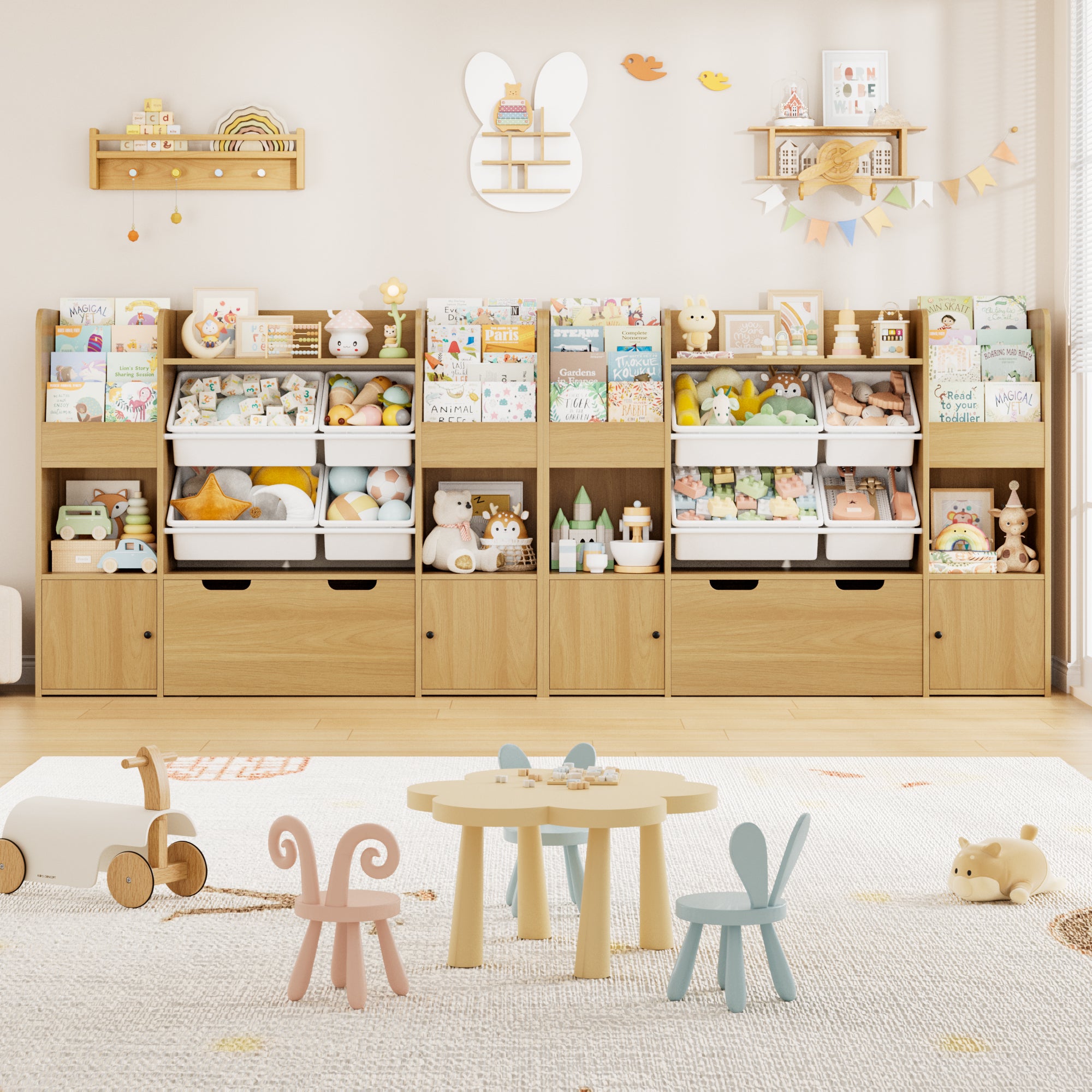 Hiphuta Kids Bookcase Toy Storage Organizer, Wooden Toy Organizer of 4 Bins& 1 Removable Drawers for Home Bedroom, Kids Bookshelf Toy Box with Book Rack, Natural