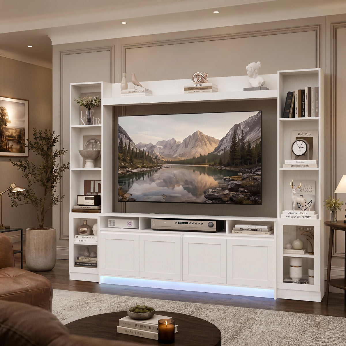 Hiphuta 79" W Wall Unit Entertainment Center for TVs up to 65", Farmhouse Wall Unit TV Stand with Bookshelves and Cabinet, Entertainment Center with LED Lights for Living Room, White
