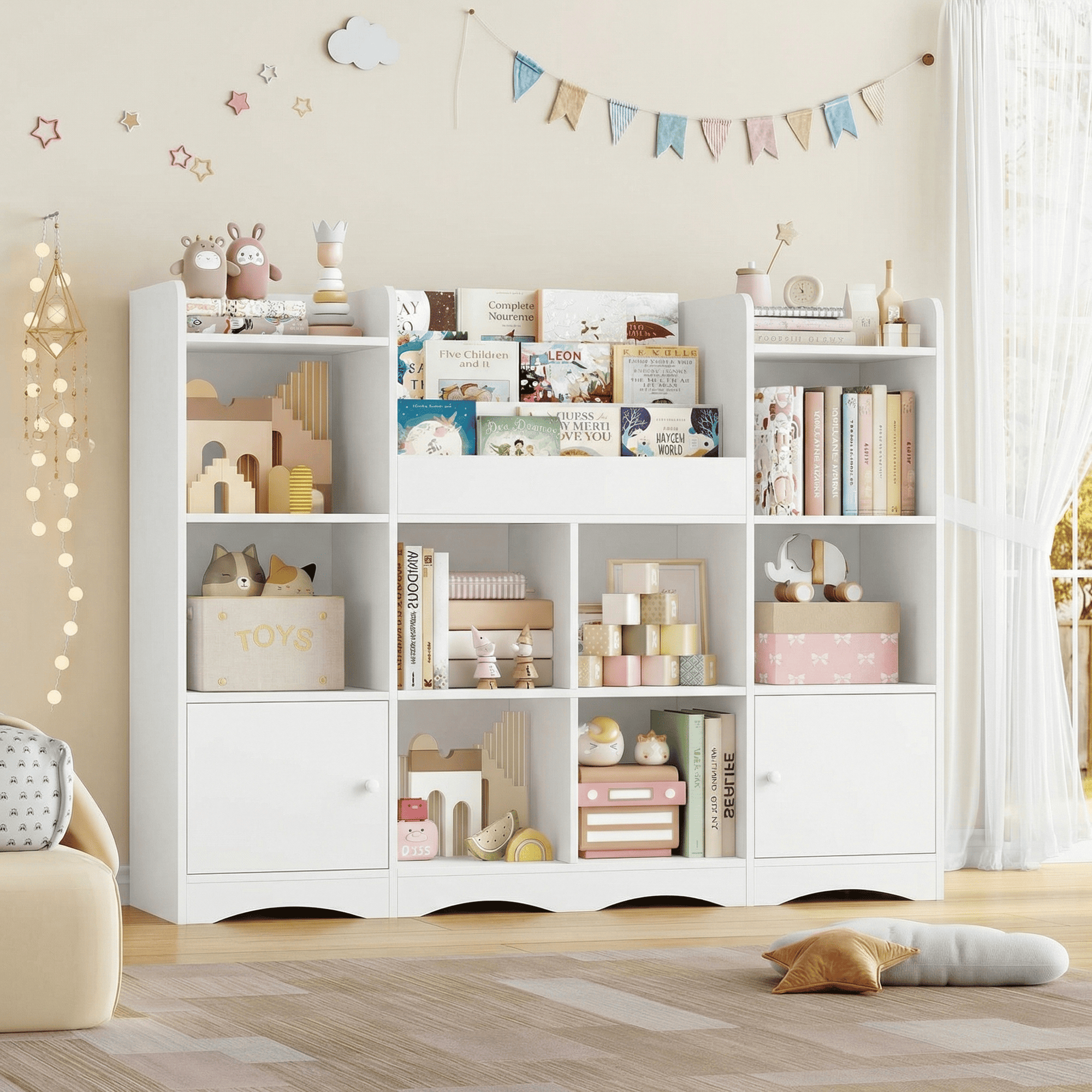 Hiphuta 55"In Kids Bookcase with Toy Storage Organizer, Wood Bookcase Toy Chest of 10 Compartments, Bookshelf for Kids Bedroom Classroom, White