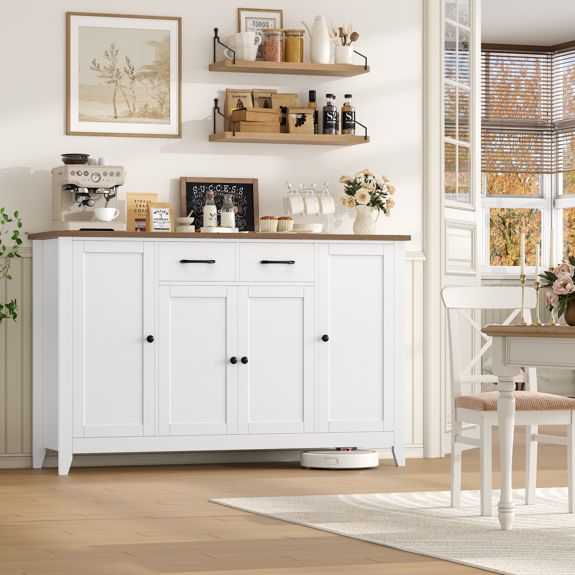 Hiphuta 55" Wide Buffet Cabinet with 2 Drawers & Adjustable Shelves, Modern Coffee Bar Cabinet with 2 Drawers and Sturdy Base for Living Room, White
