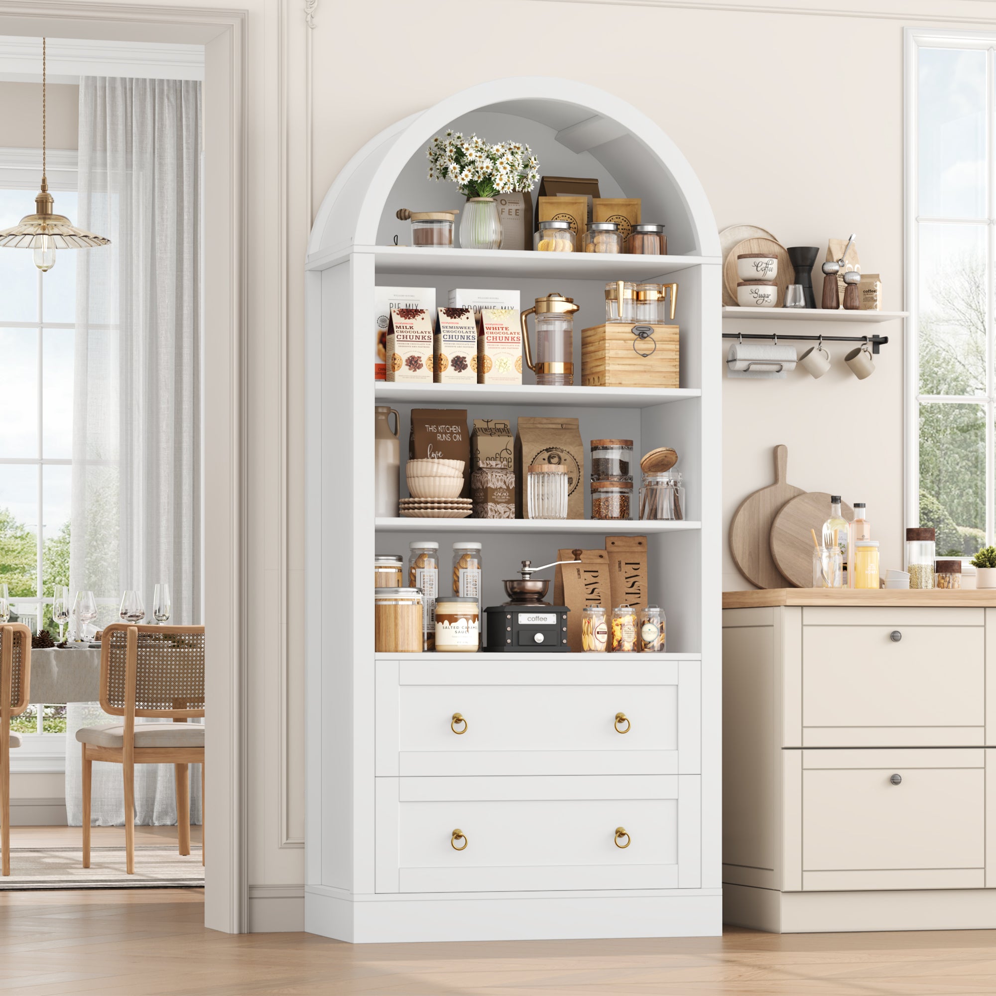 Hiphuta 70” Tall Arched Kitchen Pantry Storage Cabinet with 2 Large Drawers and 4 Open Shelves, Freestanding Modern Farmhouse Versatile Hutch Cupboard for Dining Room, White