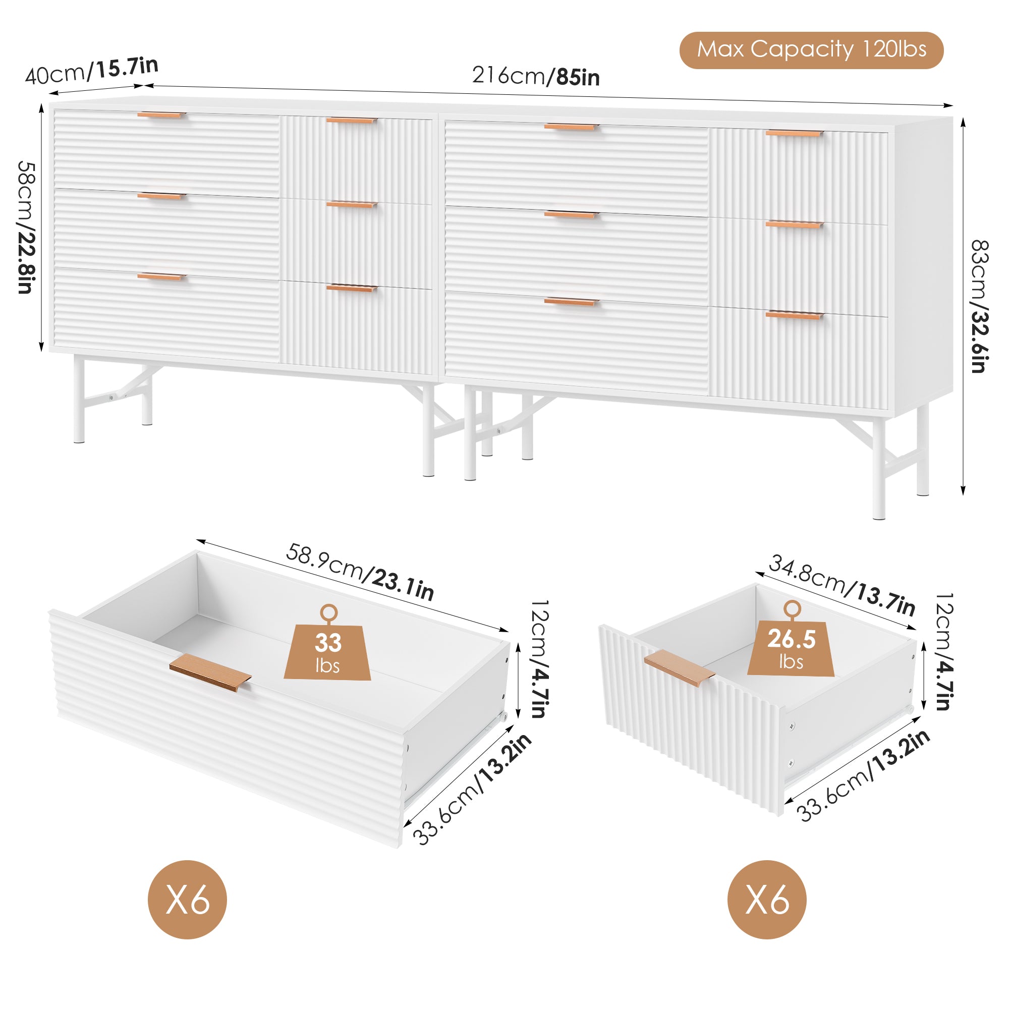 Hiphuta 85” Long Kitchen Buffet Cabinet with 6 Creamy Wave Panel Wood Drawers, Large Sideboard Storage Cabinet, White