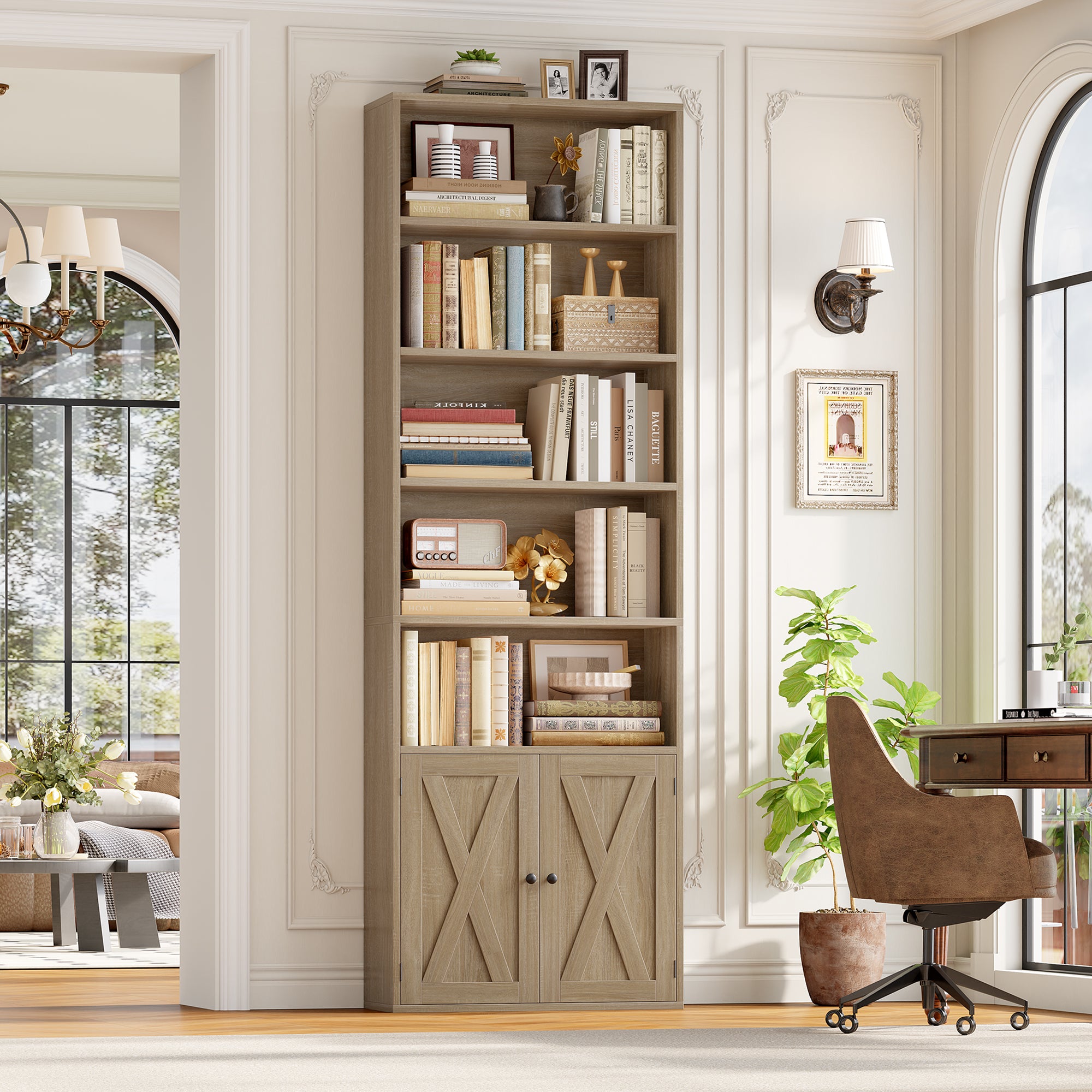Hiphuta 82.3" Tall Bookcase with Doors, 5-Tier Bookshelves with Storage, 23.6"W Display Shelf with 2 Doors for Home Office, Living Room, Light Oak
