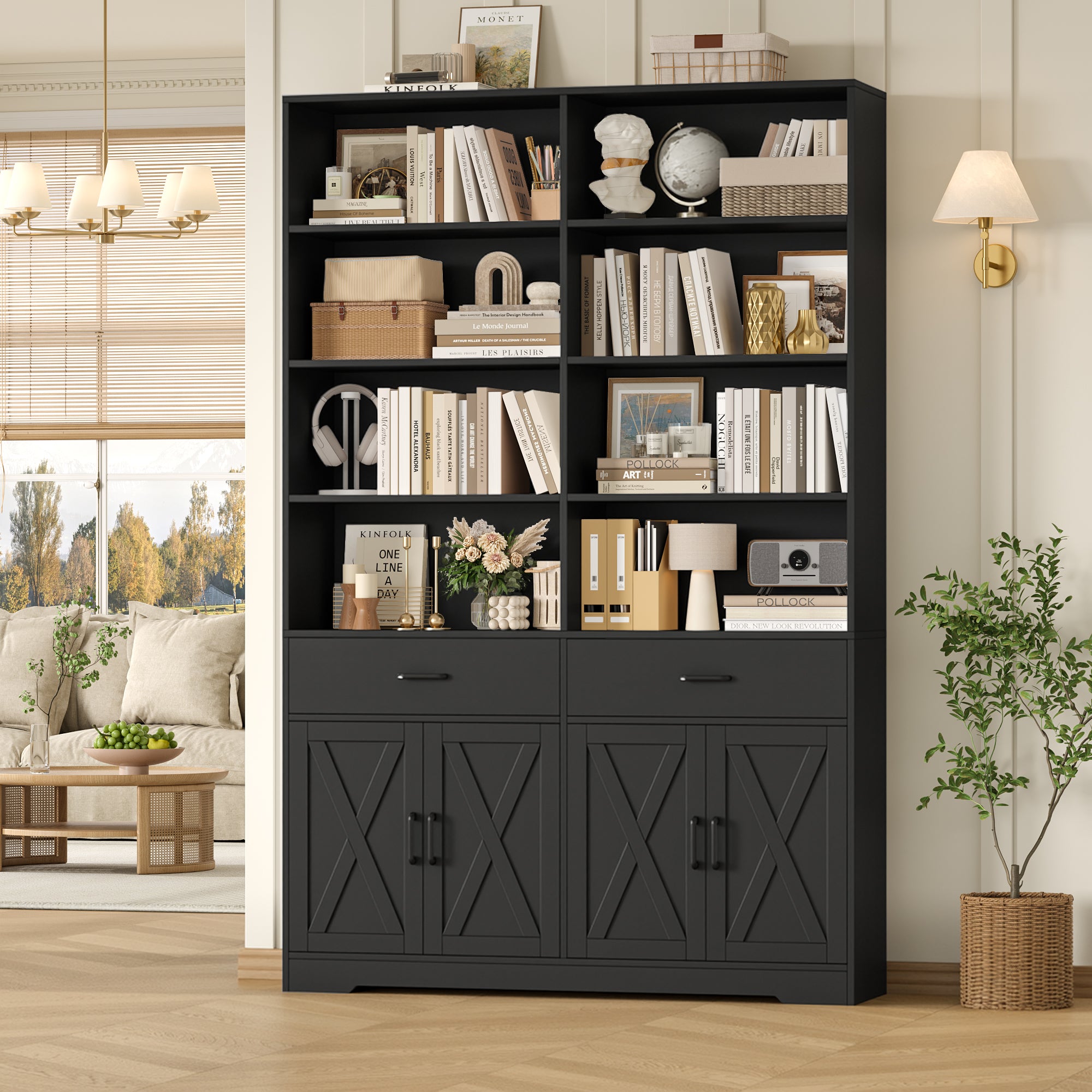 Hiphuta Bookcase with 3 Drawers, Large Farmhouse Bookshelf and Bookcase with Cabinet, Black