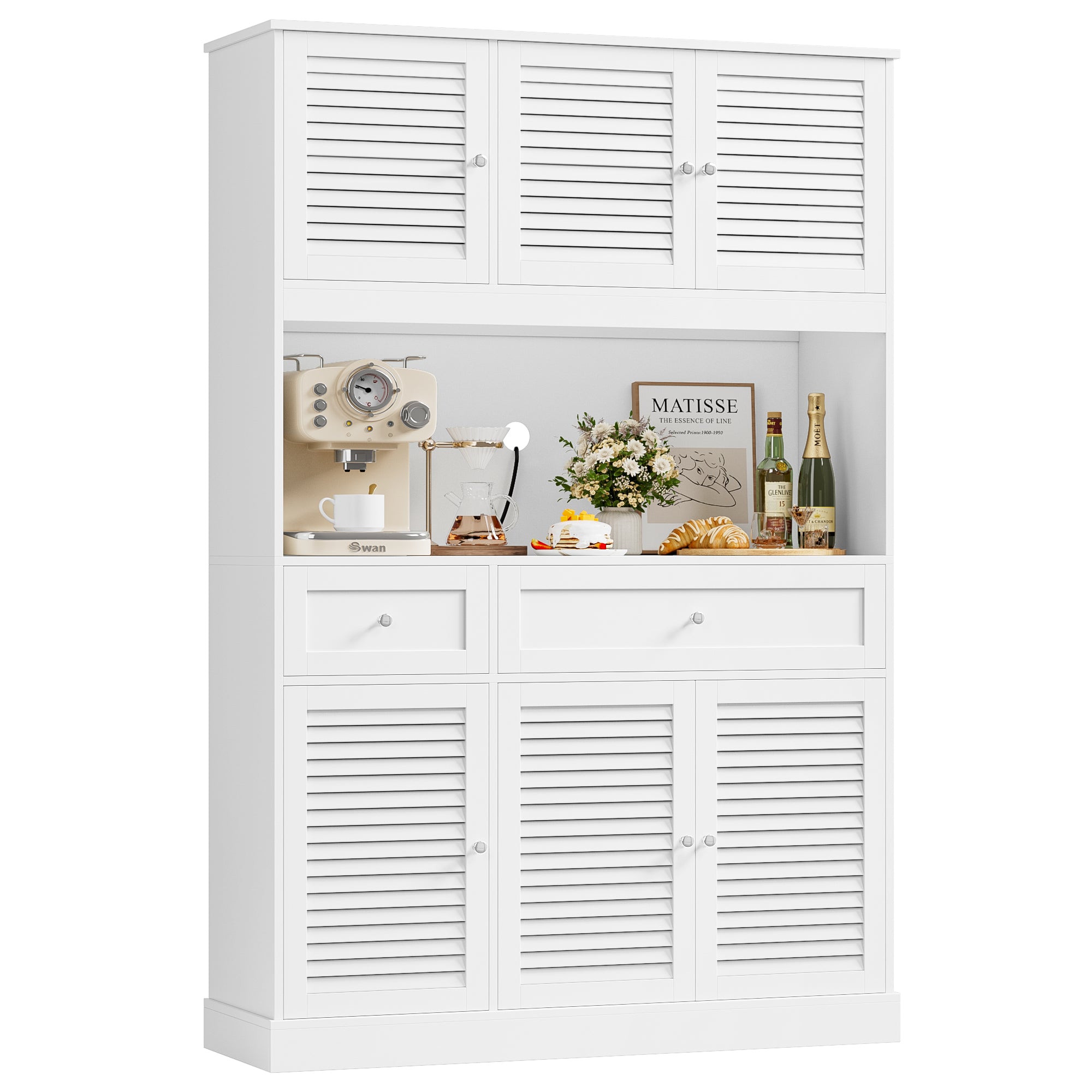 Hiphuta 70” Tall Modern Pantry Cabinet with Adjustable Shelves, Freestanding Kitchen Hutch Cabinet with Louvered Door for Dining Room, White