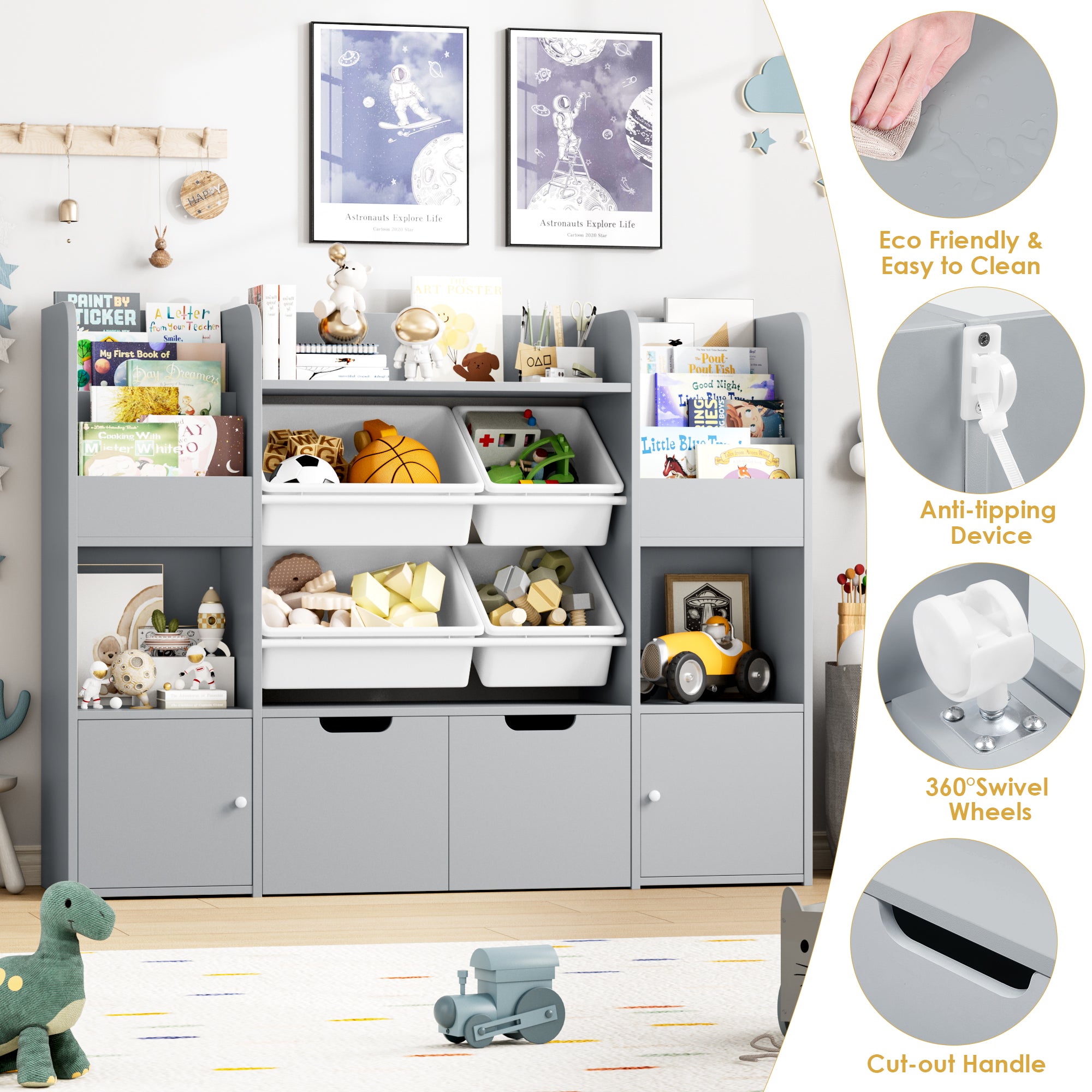 Hiphuta Kid's Toy Storage Organizer, Wood Toy Organizer of 4 Bins& 2 Removable Drawers, Children's Bookcase with Book Rack, Gray