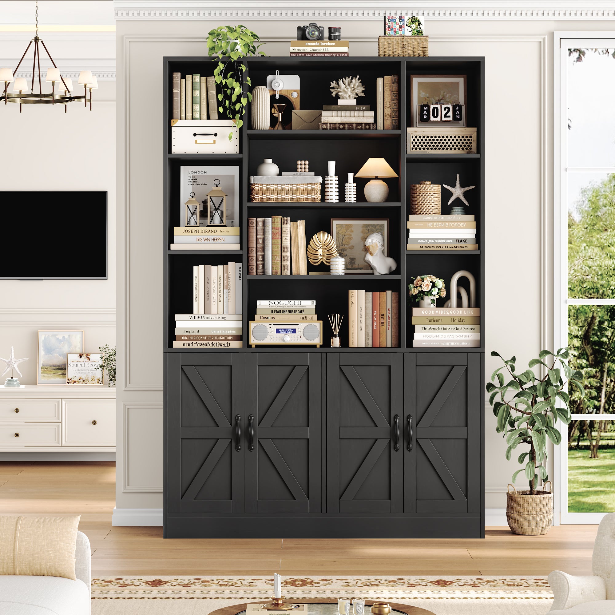 Hiphuta 75" Tall Modern Bookcases with 2 Double Door Cabinet, 47"Wide Wooden Storage Bookshelf for Living Room Home Office Entryway, Black