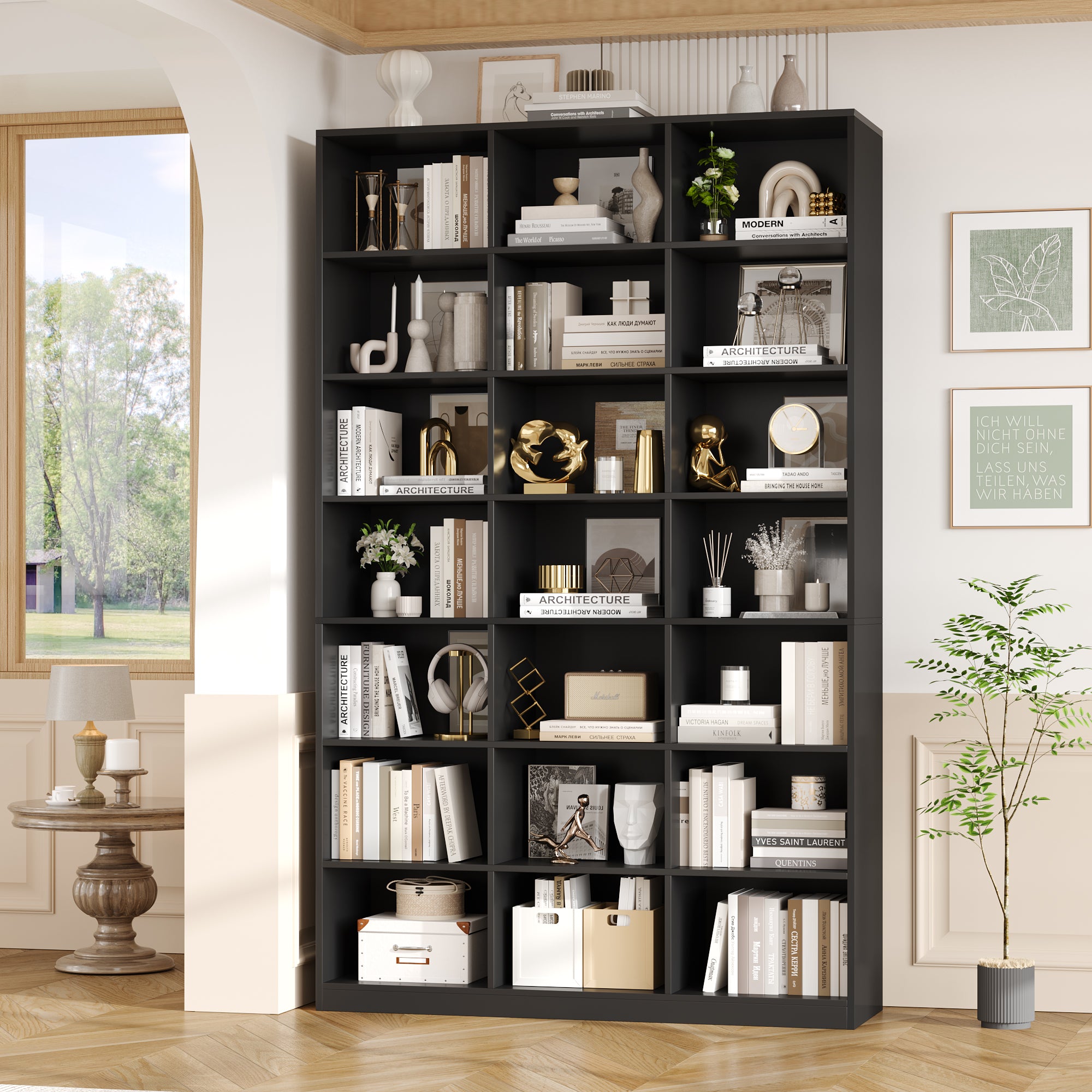 Hiphuta 86"H x 47"W Wood Triple 7-Tier Standard Bookcase, Tall Bookcase for Bedroom, Living Room and Office, Freestanding 21 Cubes Display Storage Shelves, Black
