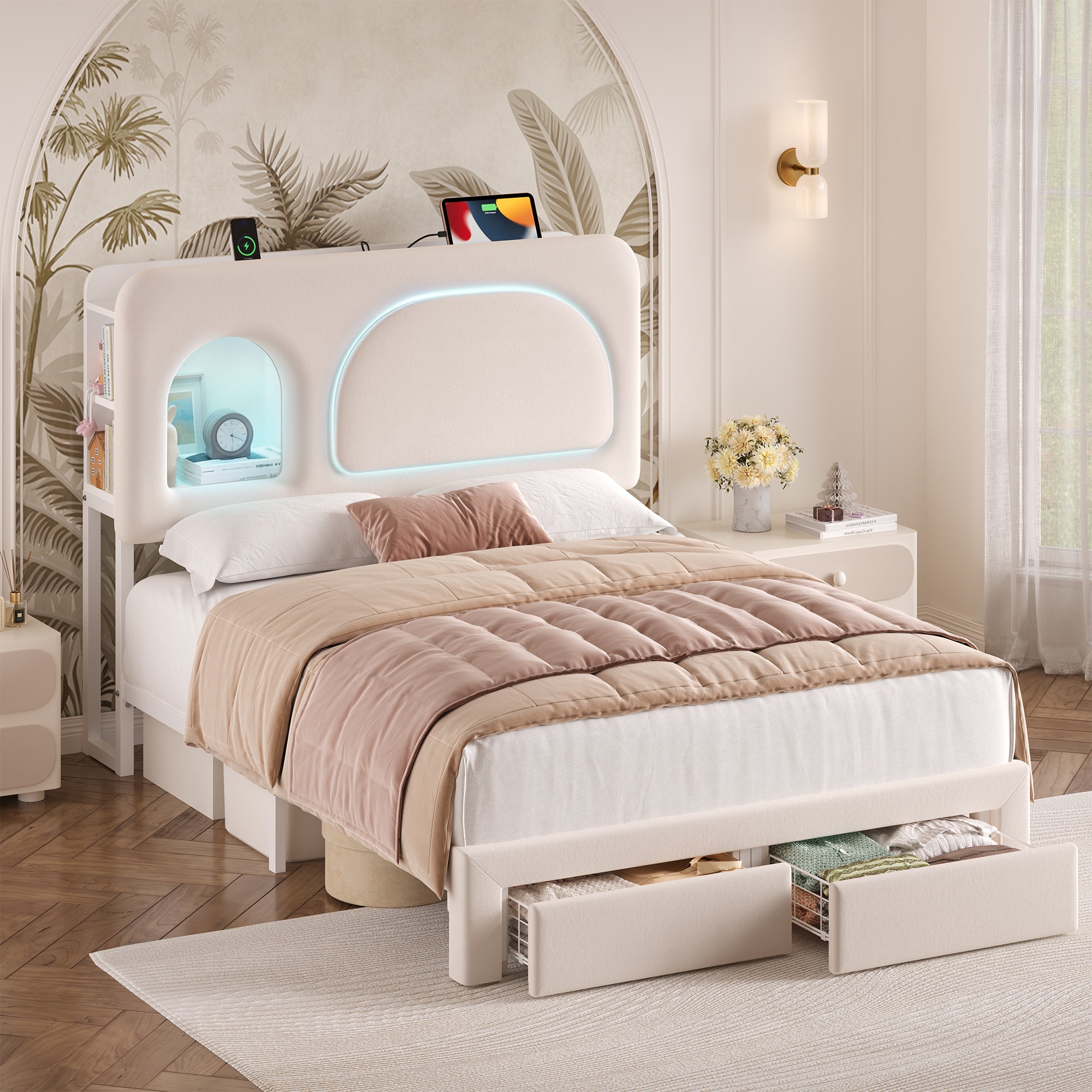 Hiphuta Queen Size Bed Frame with RGB LED and Power Outlets, Velvet Upholstered Platform Bed with Drawers and Side Storage, White