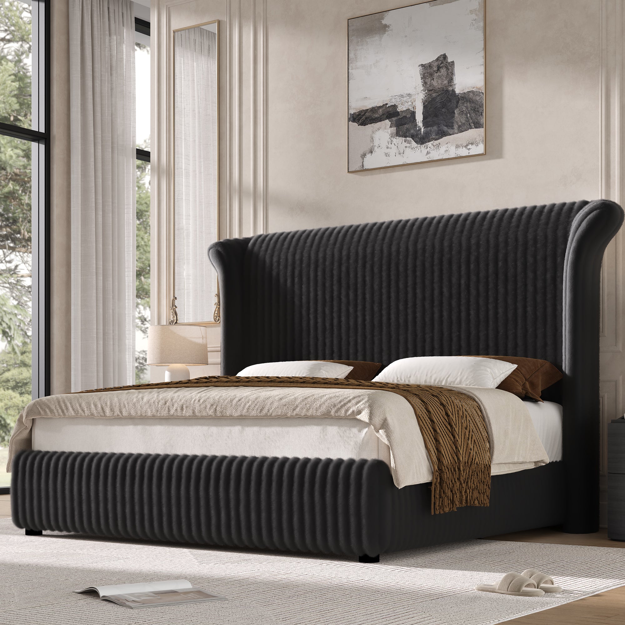 Hiphuta Modern Queen Size Corduroy Upholstered Bed Frame, LED Platform Bed Frame with 55"H Vertical Stripe Tufted Corduroy Velvet Wingback Headboard, Black