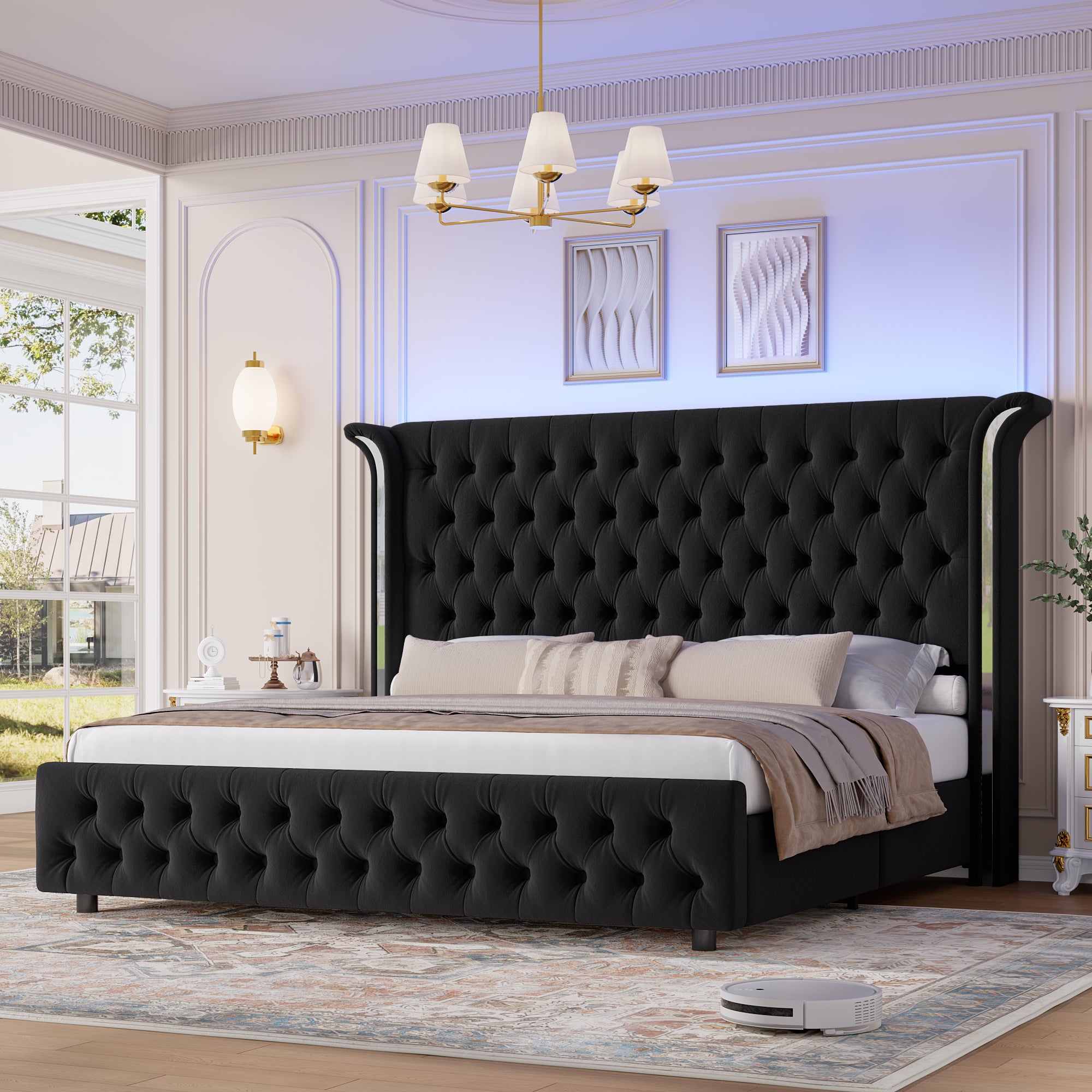 Hiphuta King Bed with LED Light, Cama King Platform Bed with Button Tufted Velvet Upholstered Headboard, Black
