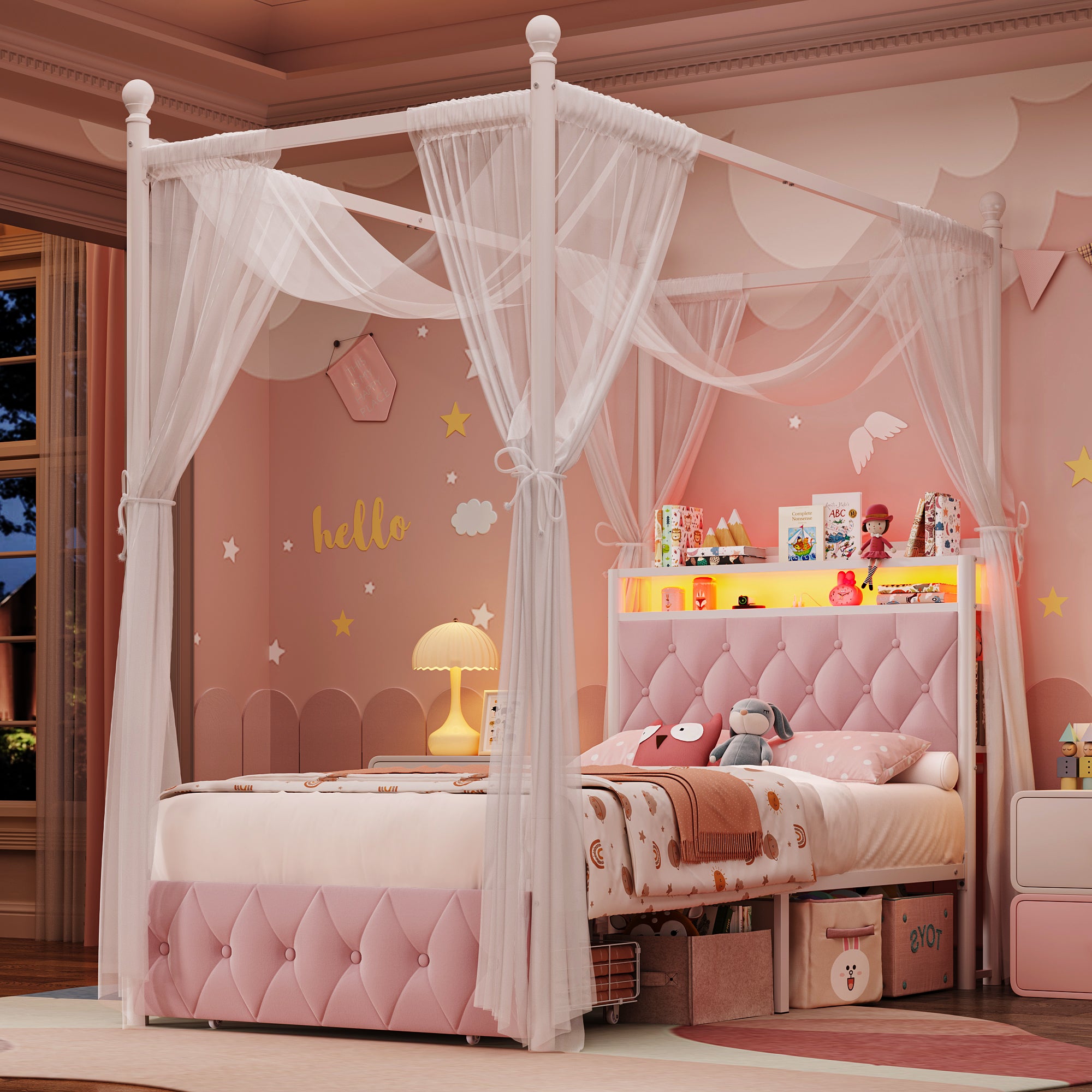 Hiphuta Twin Size Upholstered Princess Canopy Bed with Charging Station & Storage Drawer, LED Platform Bed with 4 Removable Posts, Twin Bed for Kids, Curtain Not Included, Pink