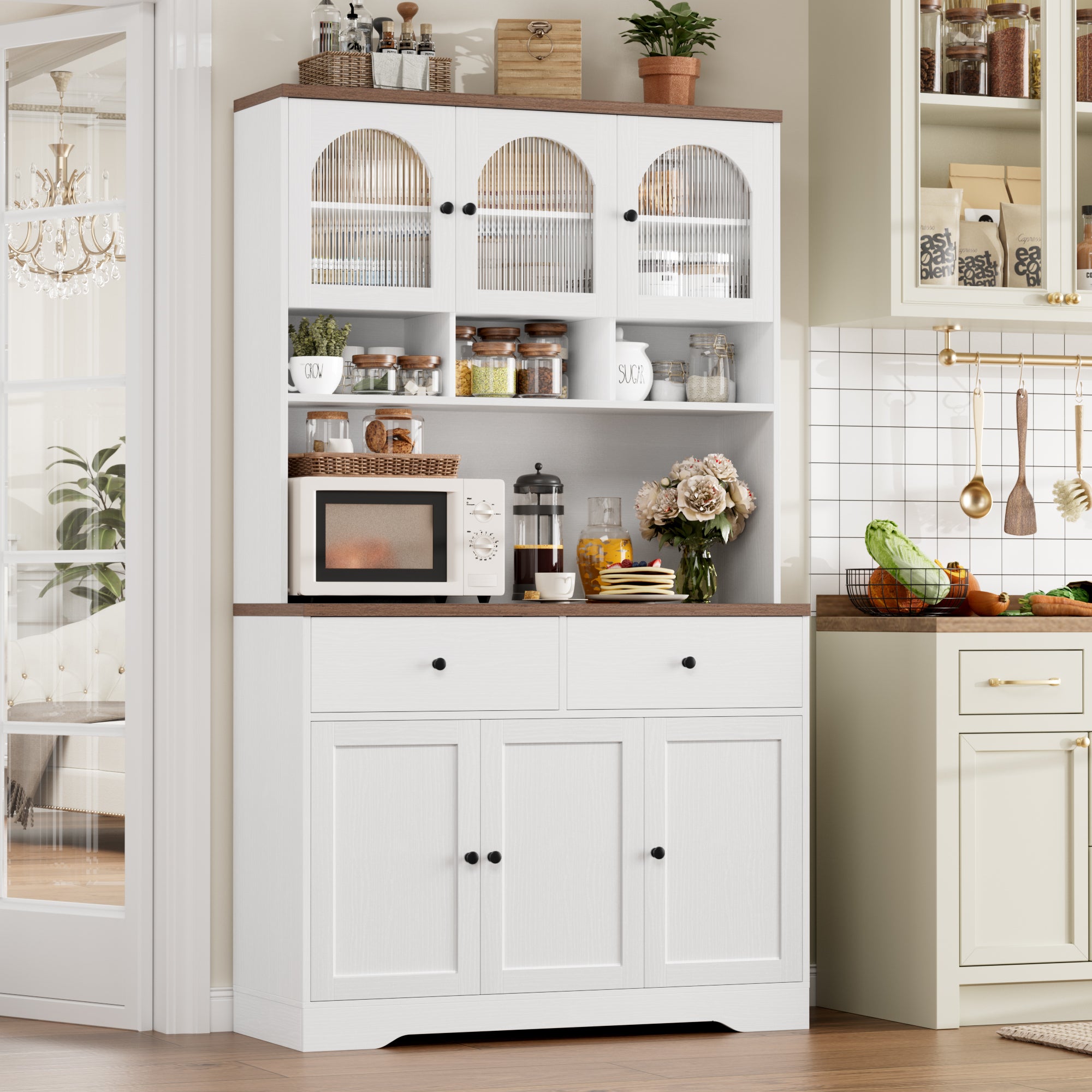 Hiphuta 71" Farmhouse Kitchen Pantry Storage Cabinet, Freestanding Hutch with Adjustable Shelves & Microwave Stand, Cupboard for Dining Room, White