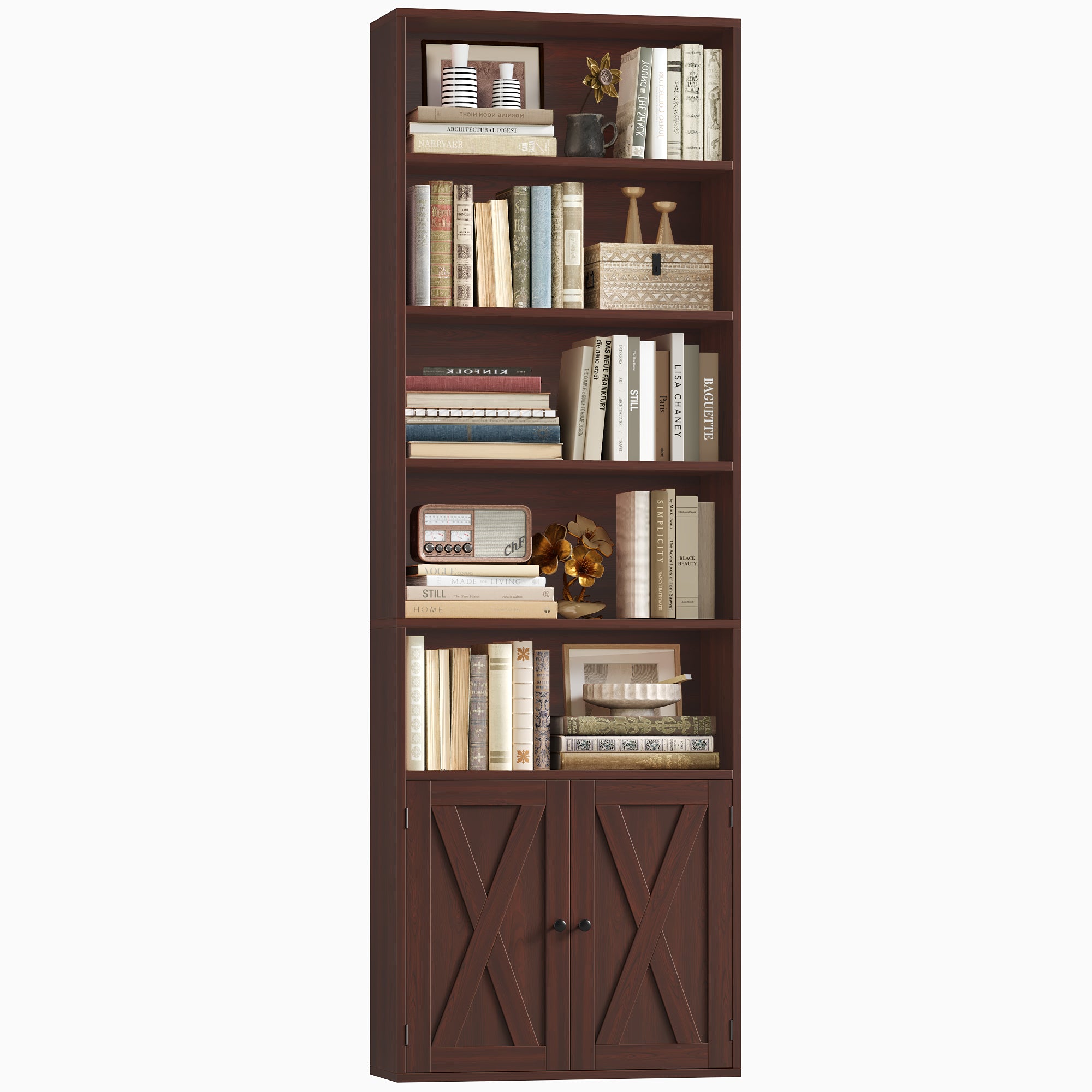 Hiphuta 81.5" Tall Bookcase with Doors, 5-Tier Bookshelves with Storage, 23.6"W Display Shelf with 2 Doors for Home Office, Living Room, Cherry Red