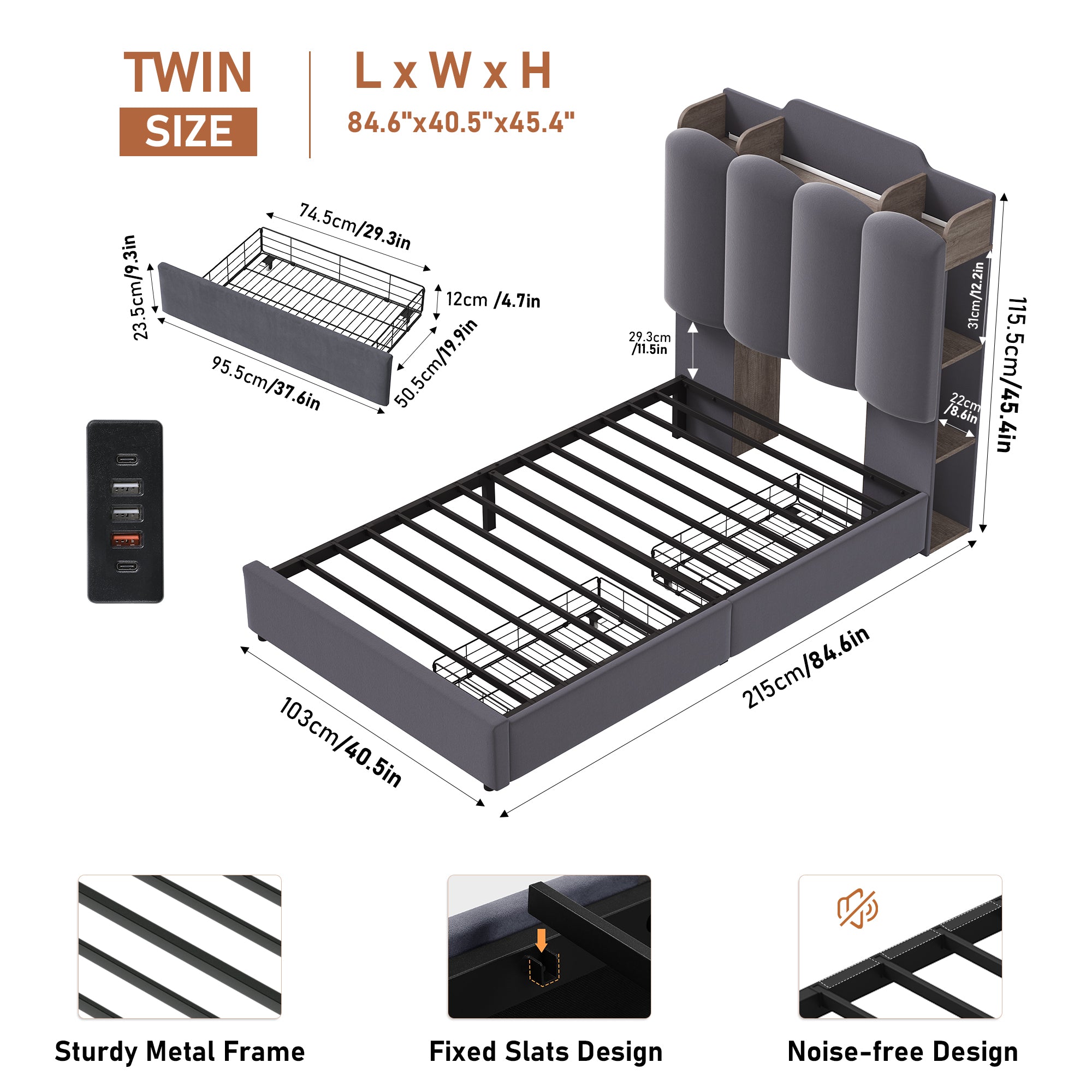 Hiphuta Twin Size Bed Frame with Upholstered Headboard, Led Bed with Storage Headboard, Gray
